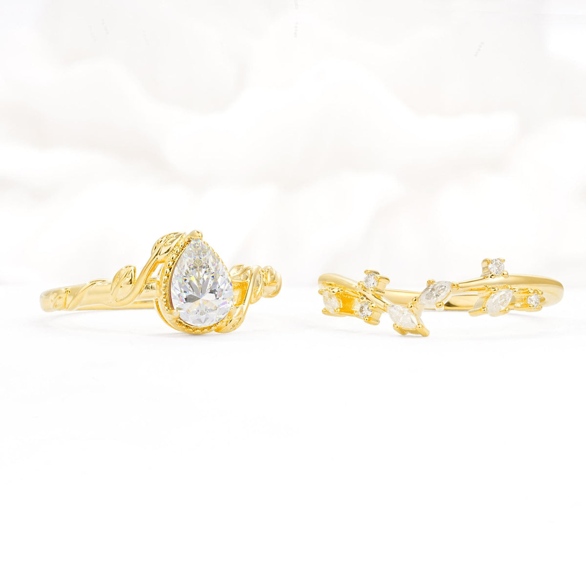 Nature-Inspired Bezel Pear Cut Moissanite Engagement Ring Set - Additional view