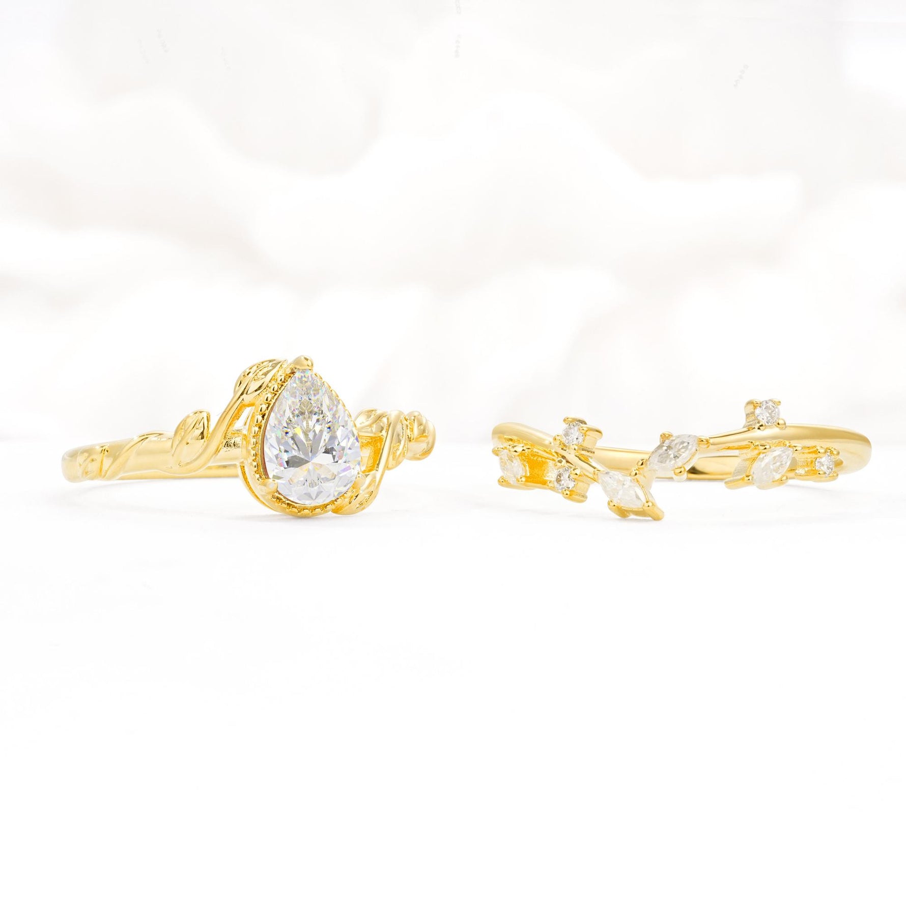 Nature-Inspired Bezel Pear Cut Moissanite Engagement Ring Set - Additional view