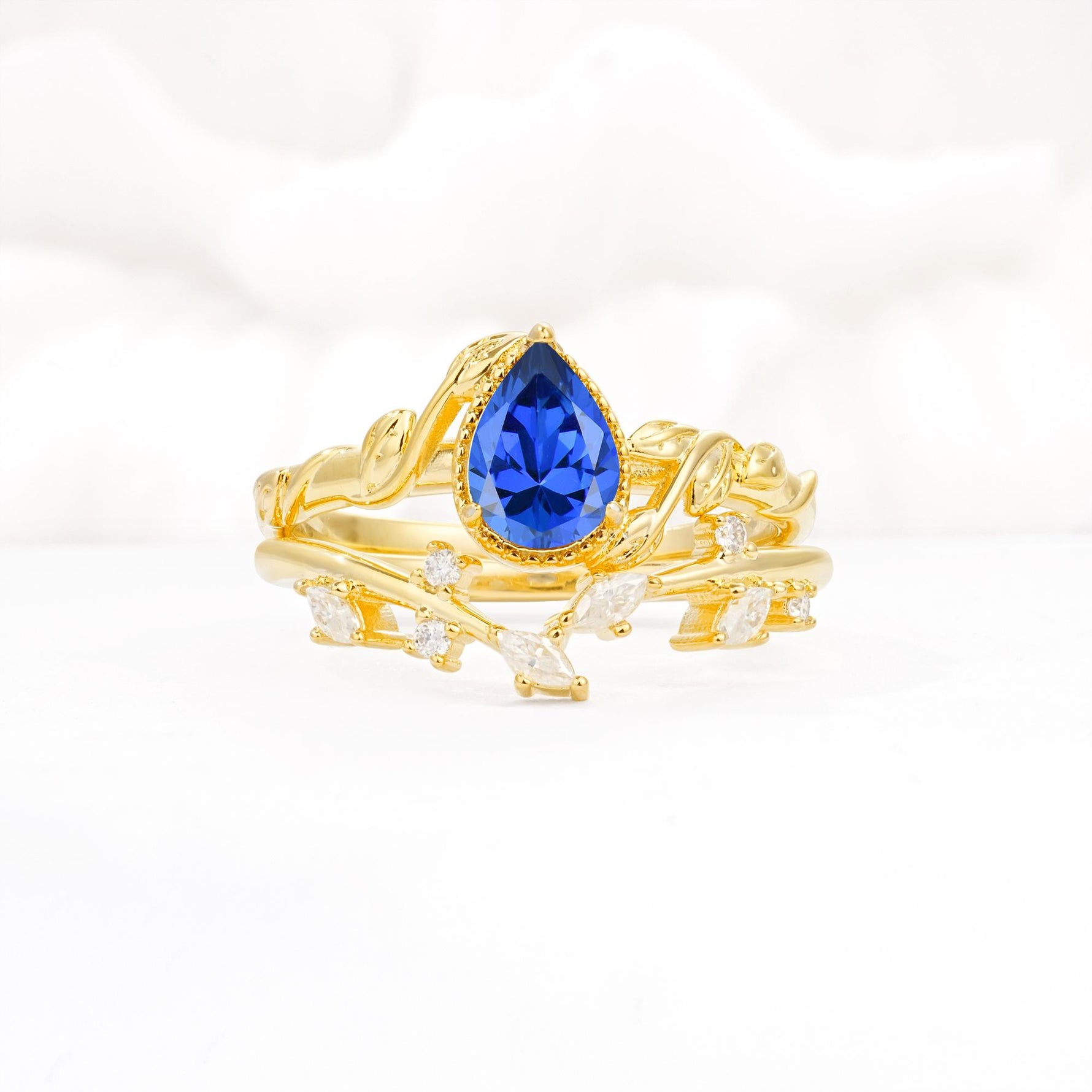 Nature-Inspired Bezel Pear Cut Sapphire Engagement Ring Set - Yellow-Gold