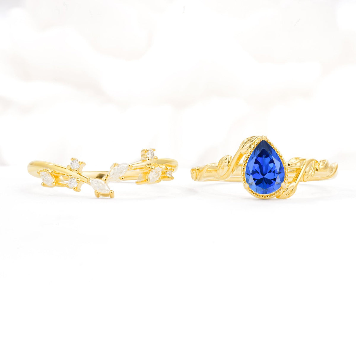 Nature-Inspired Bezel Pear Cut Sapphire Engagement Ring Set - White-Gold