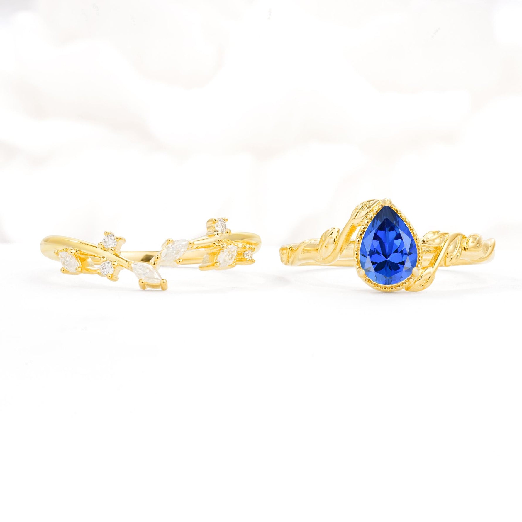 Nature-Inspired Bezel Pear Cut Sapphire Engagement Ring Set - White-Gold