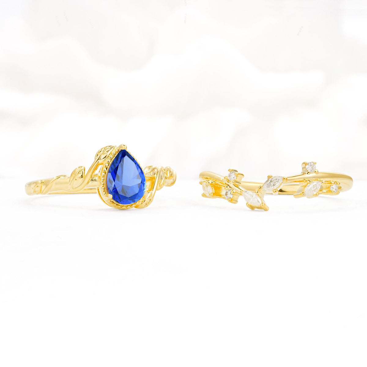 Nature-Inspired Bezel Pear Cut Sapphire Engagement Ring Set - Additional view