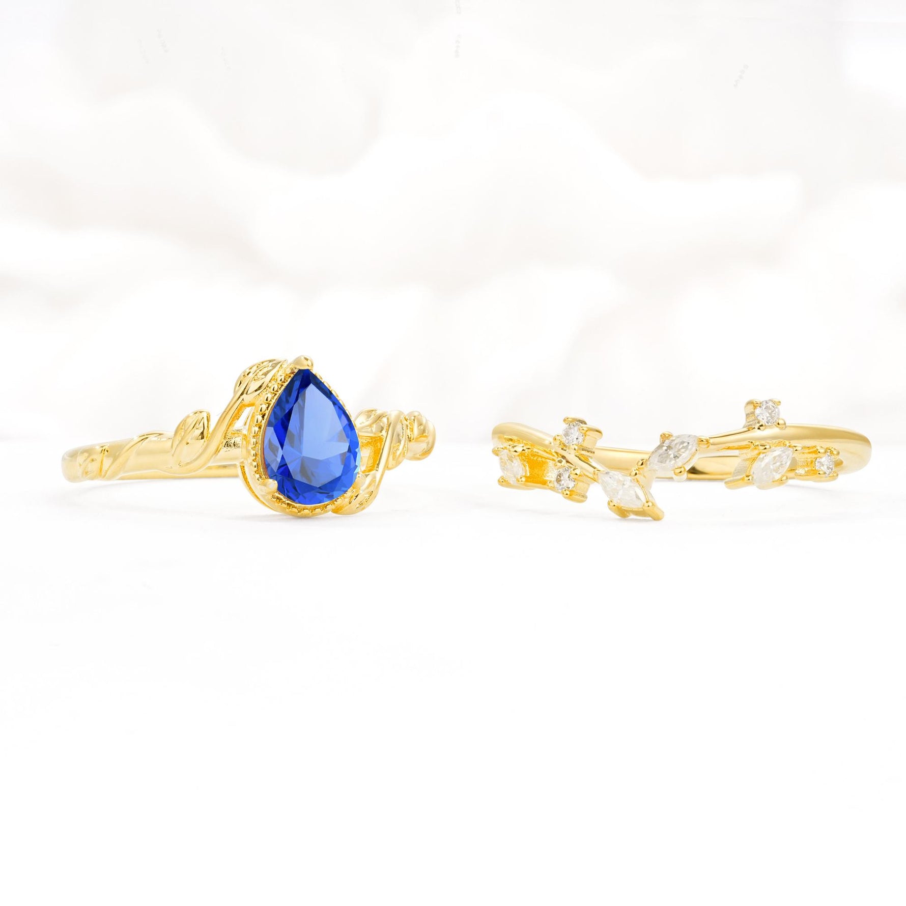 Nature-Inspired Bezel Pear Cut Sapphire Engagement Ring Set - Additional view