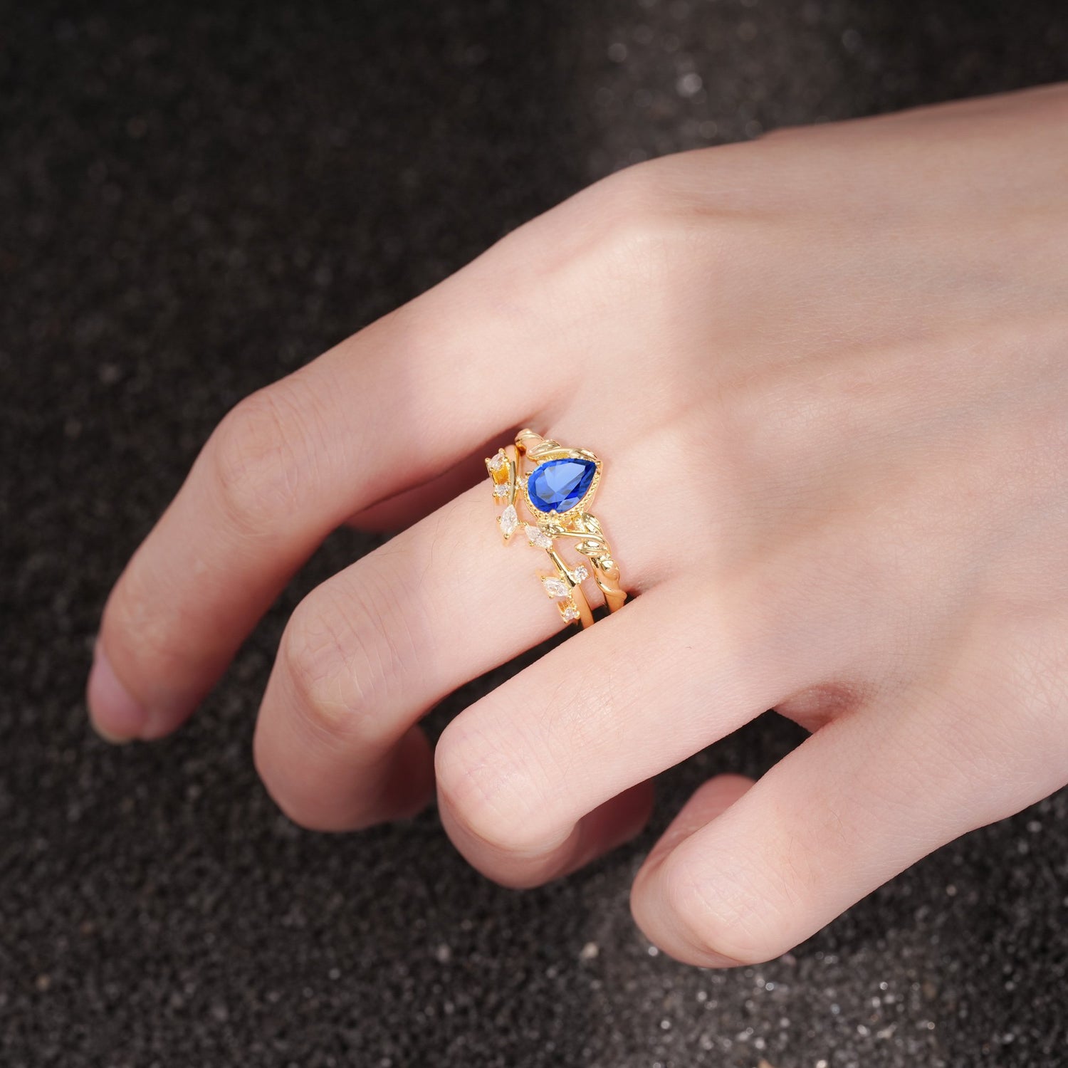 Nature-Inspired Bezel Pear Cut Sapphire Engagement Ring Set