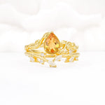 Nature-Inspired Bezel Pear Cut Citrine Engagement Ring Set - Yellow-Gold