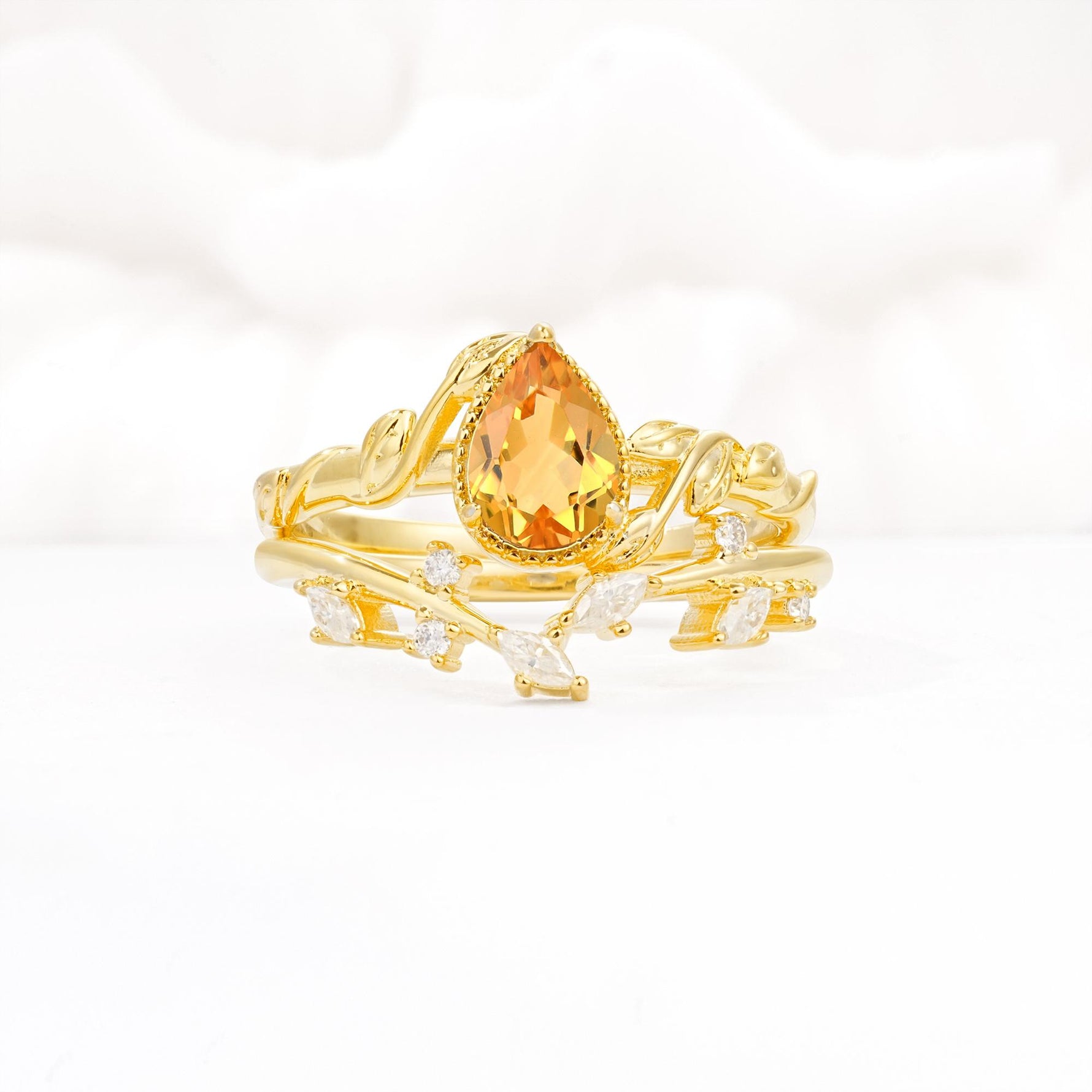 Nature-Inspired Bezel Pear Cut Citrine Engagement Ring Set - Yellow-Gold