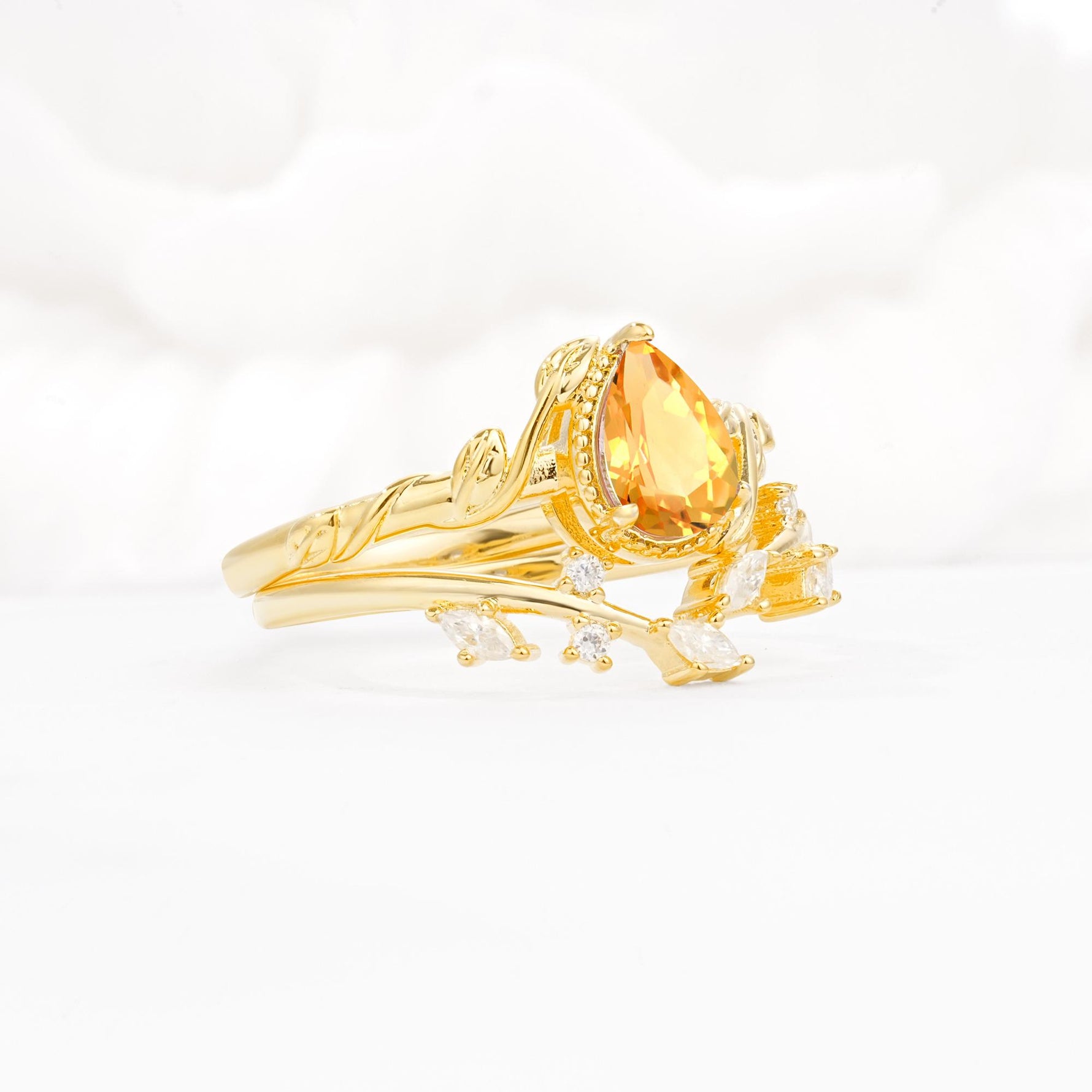 Nature-Inspired Bezel Pear Cut Citrine Engagement Ring Set - Rose-Gold