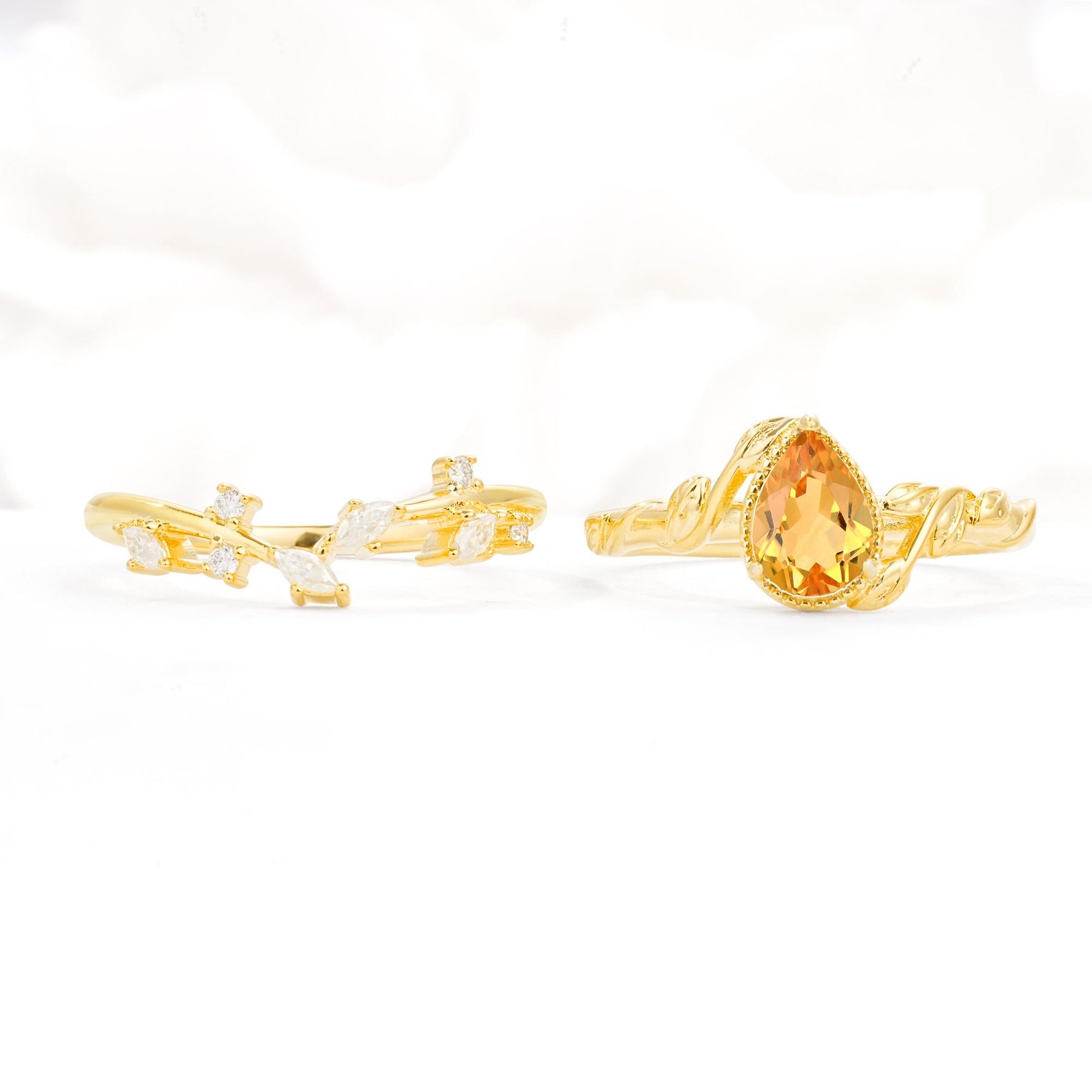 Nature-Inspired Bezel Pear Cut Citrine Engagement Ring Set - White-Gold