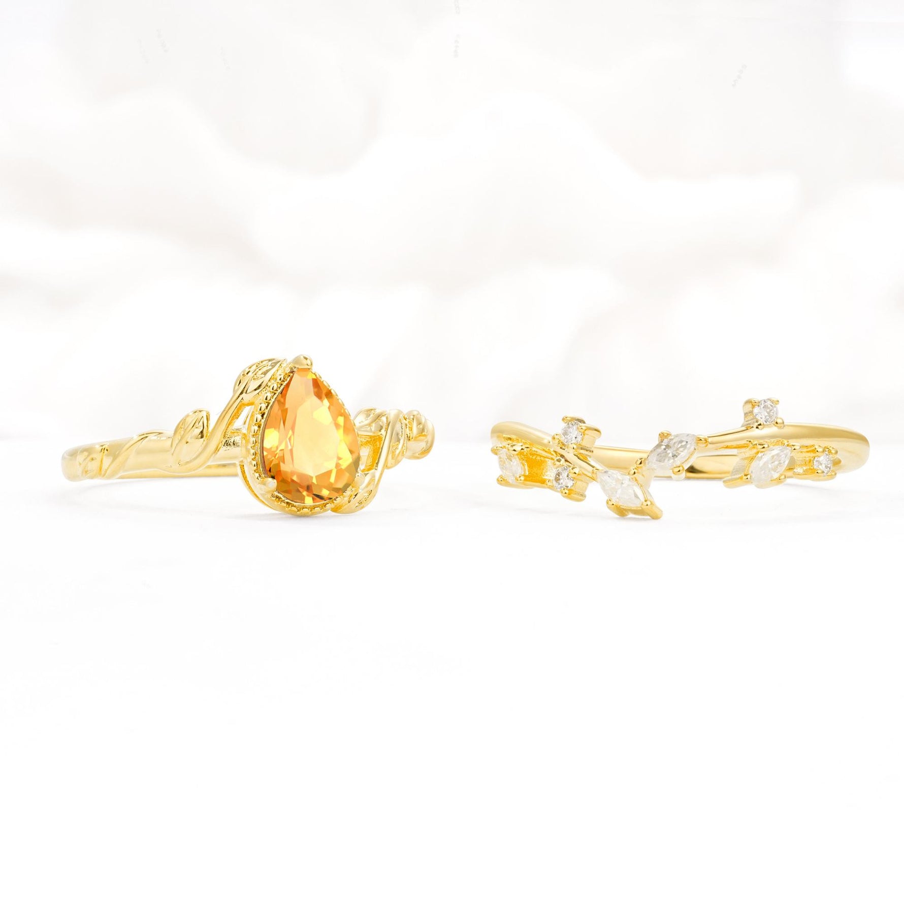 Nature-Inspired Bezel Pear Cut Citrine Engagement Ring Set - Additional view