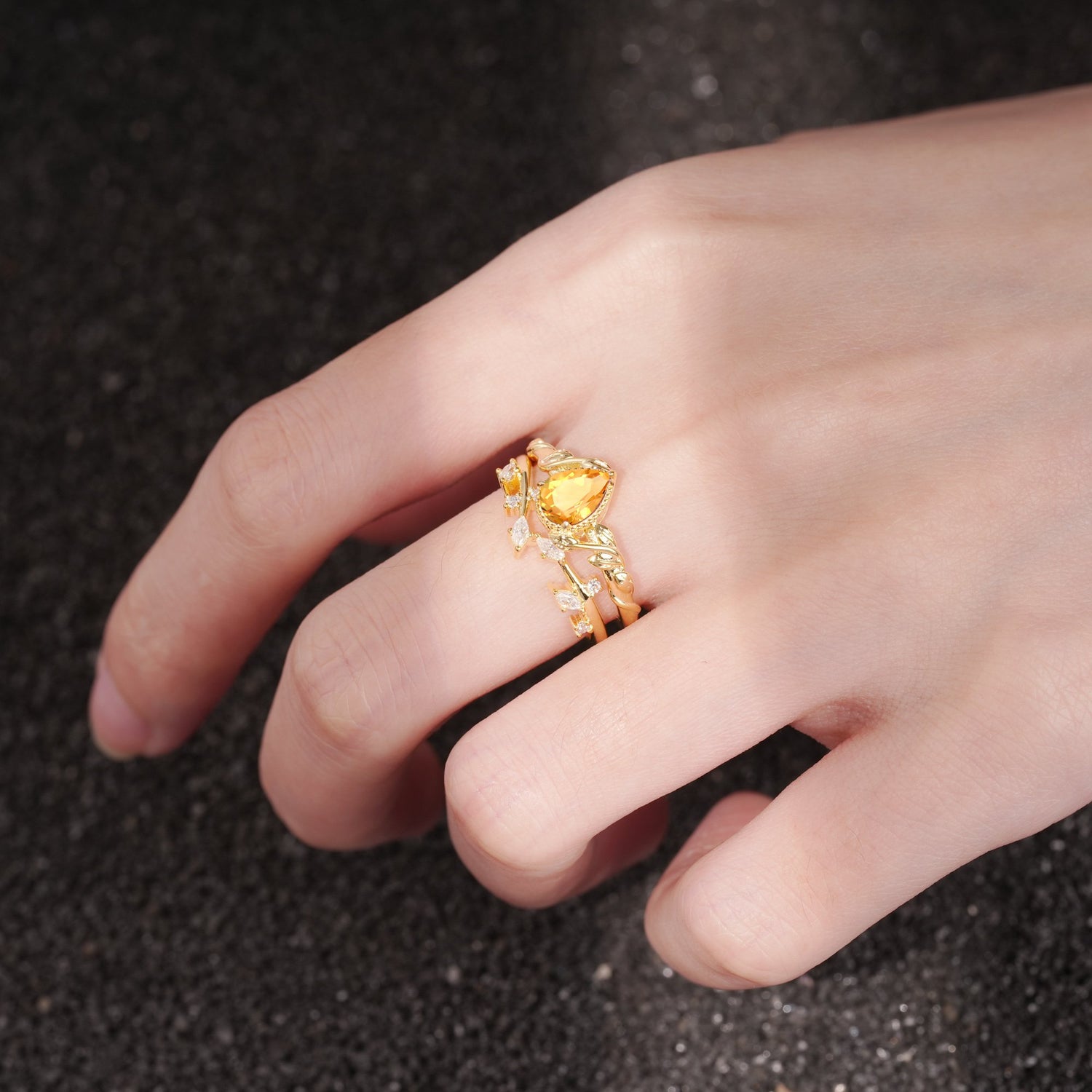 Nature-Inspired Bezel Pear Cut Citrine Engagement Ring Set