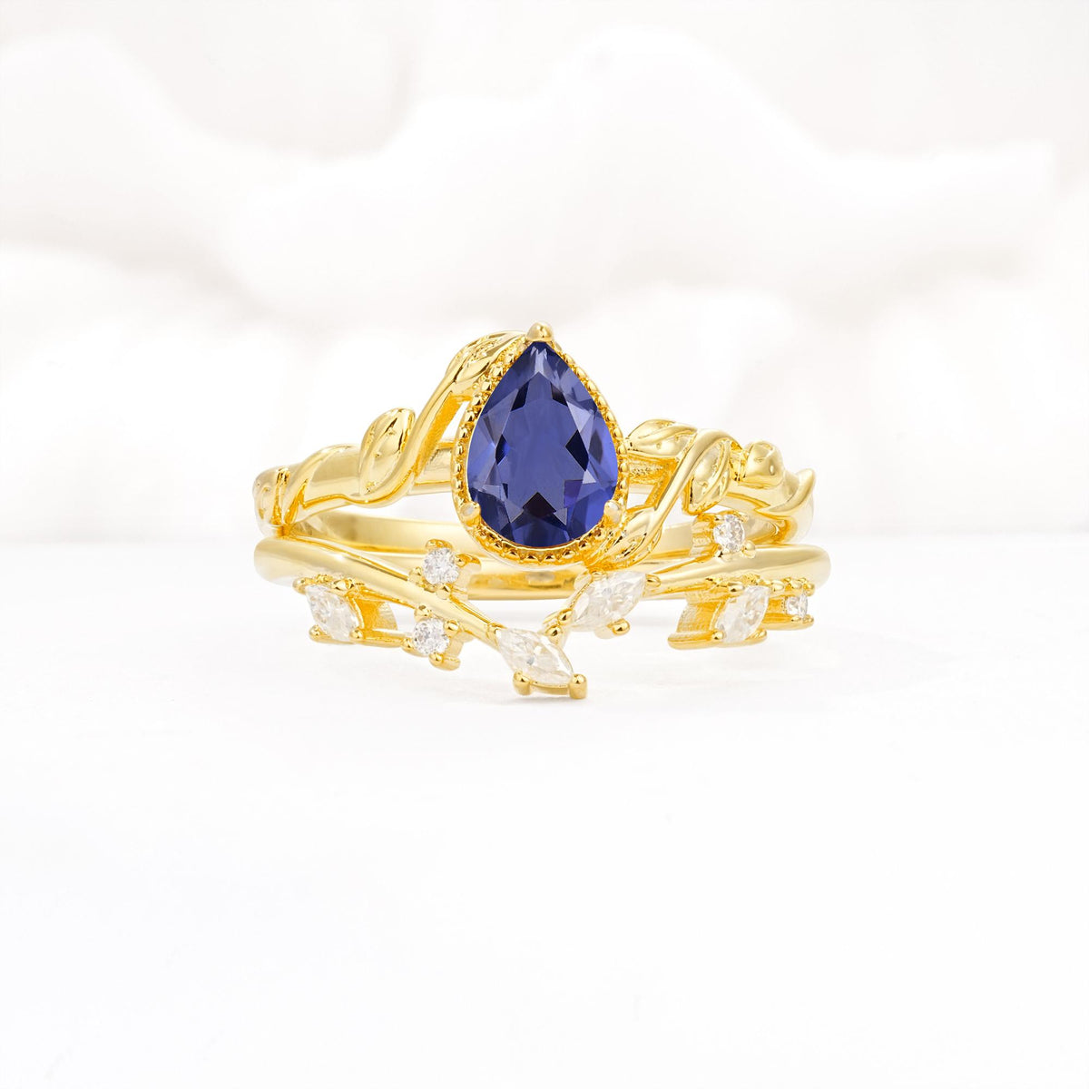 Nature-Inspired Bezel Pear Cut Tanzanite Engagement Ring Set - Yellow-Gold
