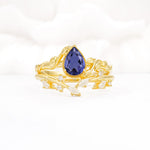 Nature-Inspired Bezel Pear Cut Tanzanite Engagement Ring Set - Yellow-Gold