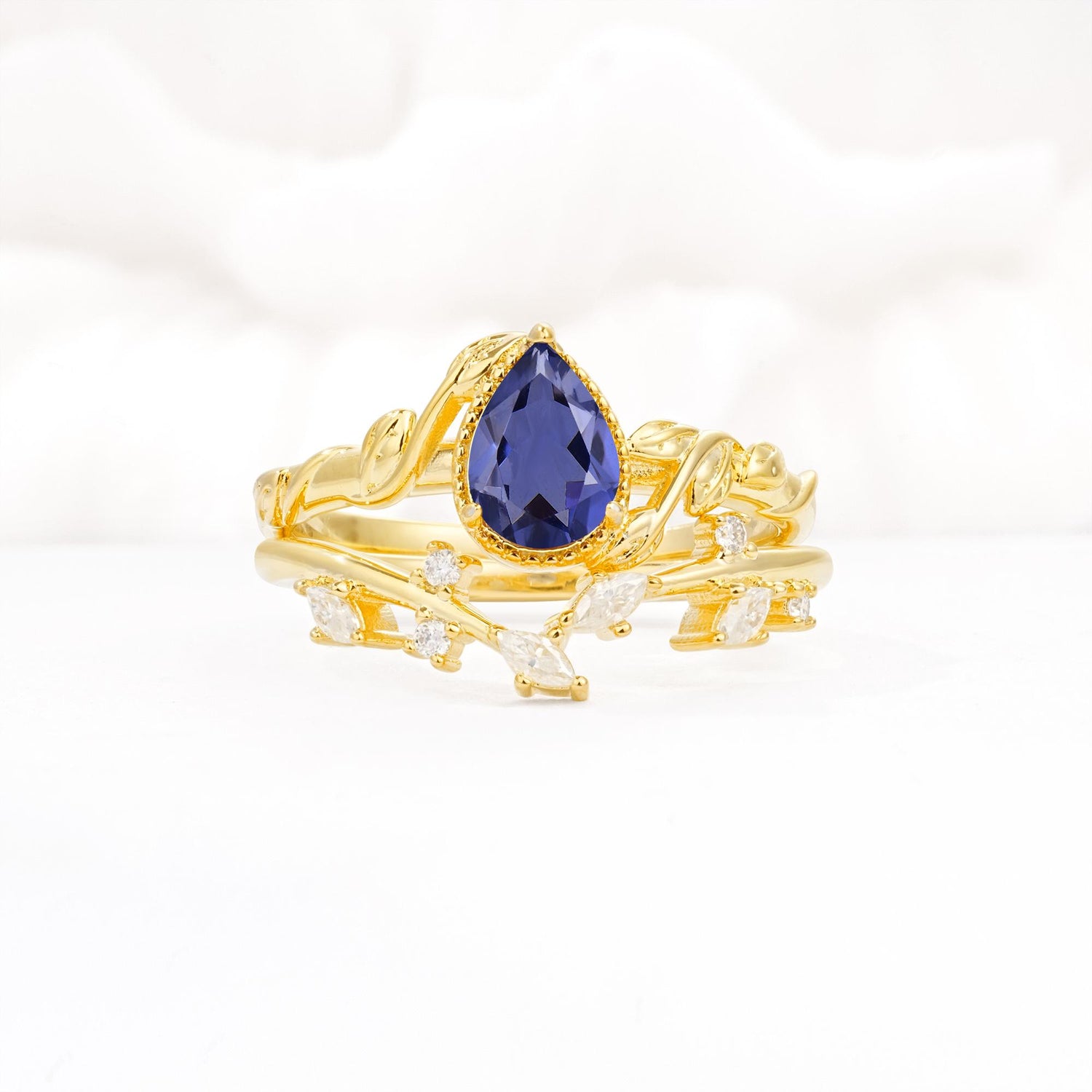 Nature-Inspired Bezel Pear Cut Tanzanite Engagement Ring Set - Yellow-Gold