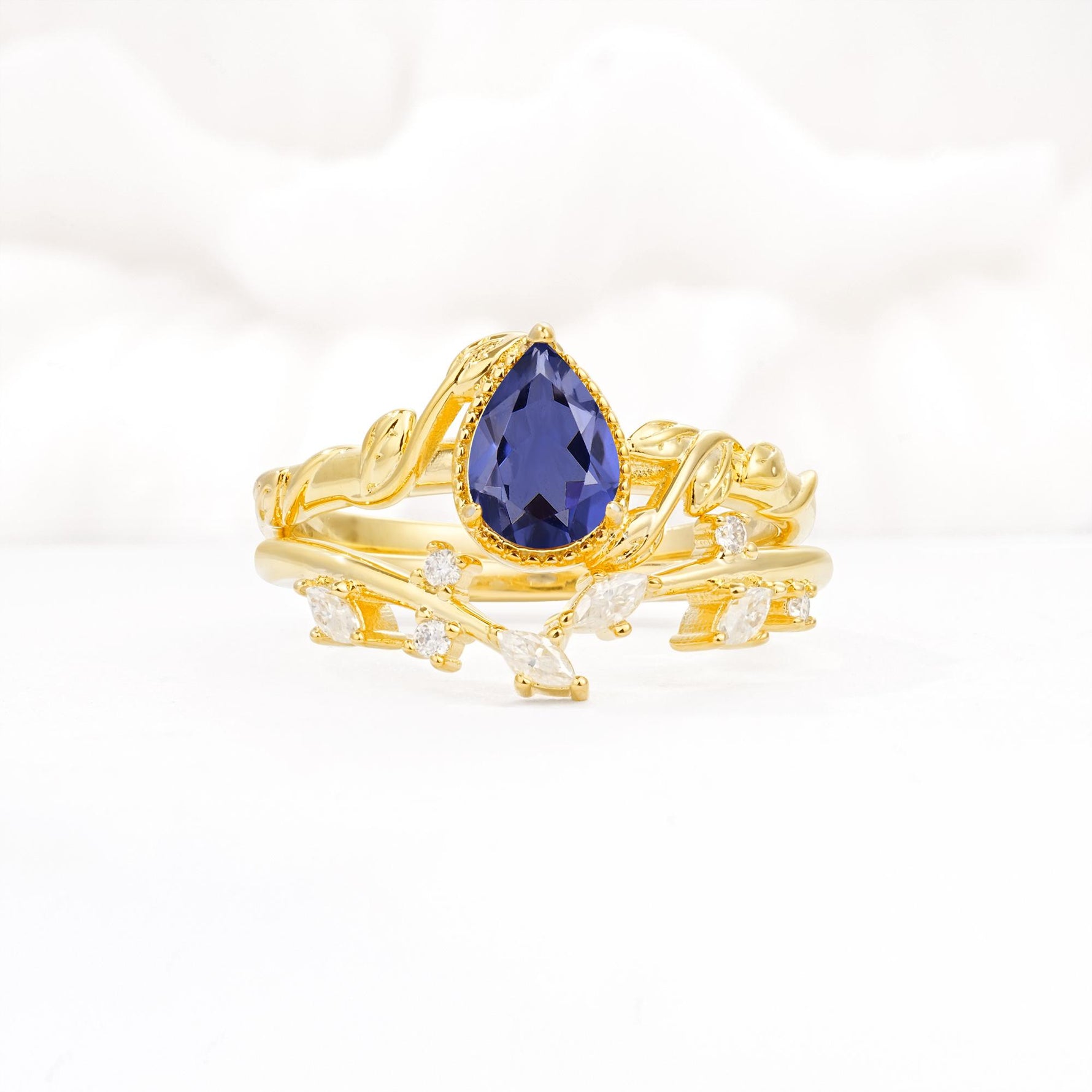 Nature-Inspired Bezel Pear Cut Tanzanite Engagement Ring Set - Yellow-Gold
