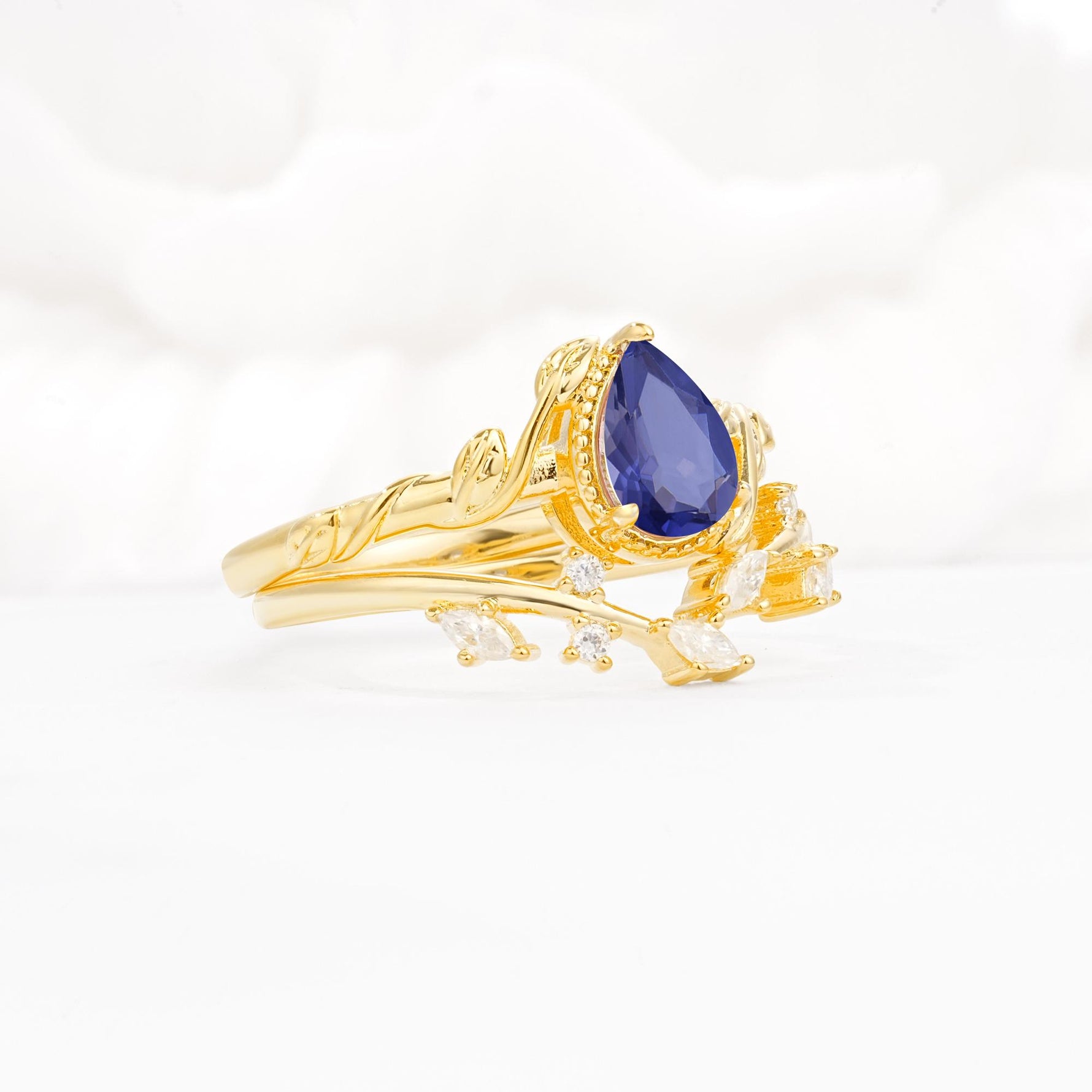 Nature-Inspired Bezel Pear Cut Tanzanite Engagement Ring Set - Rose-Gold