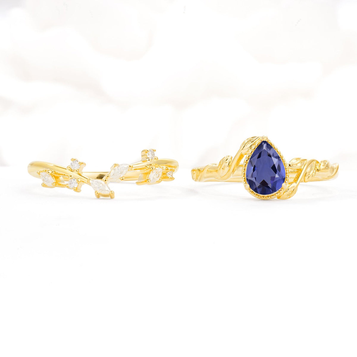 Nature-Inspired Bezel Pear Cut Tanzanite Engagement Ring Set - White-Gold