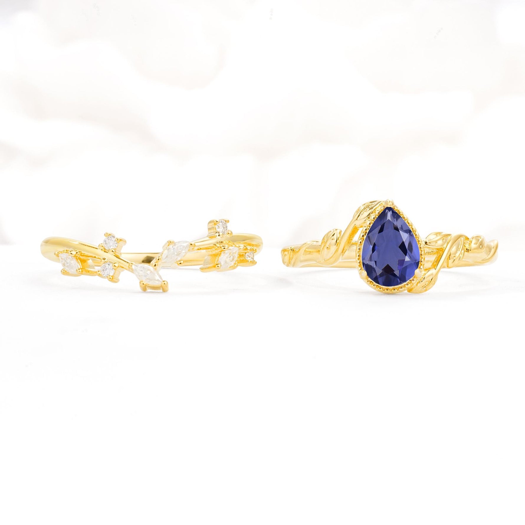 Nature-Inspired Bezel Pear Cut Tanzanite Engagement Ring Set - White-Gold