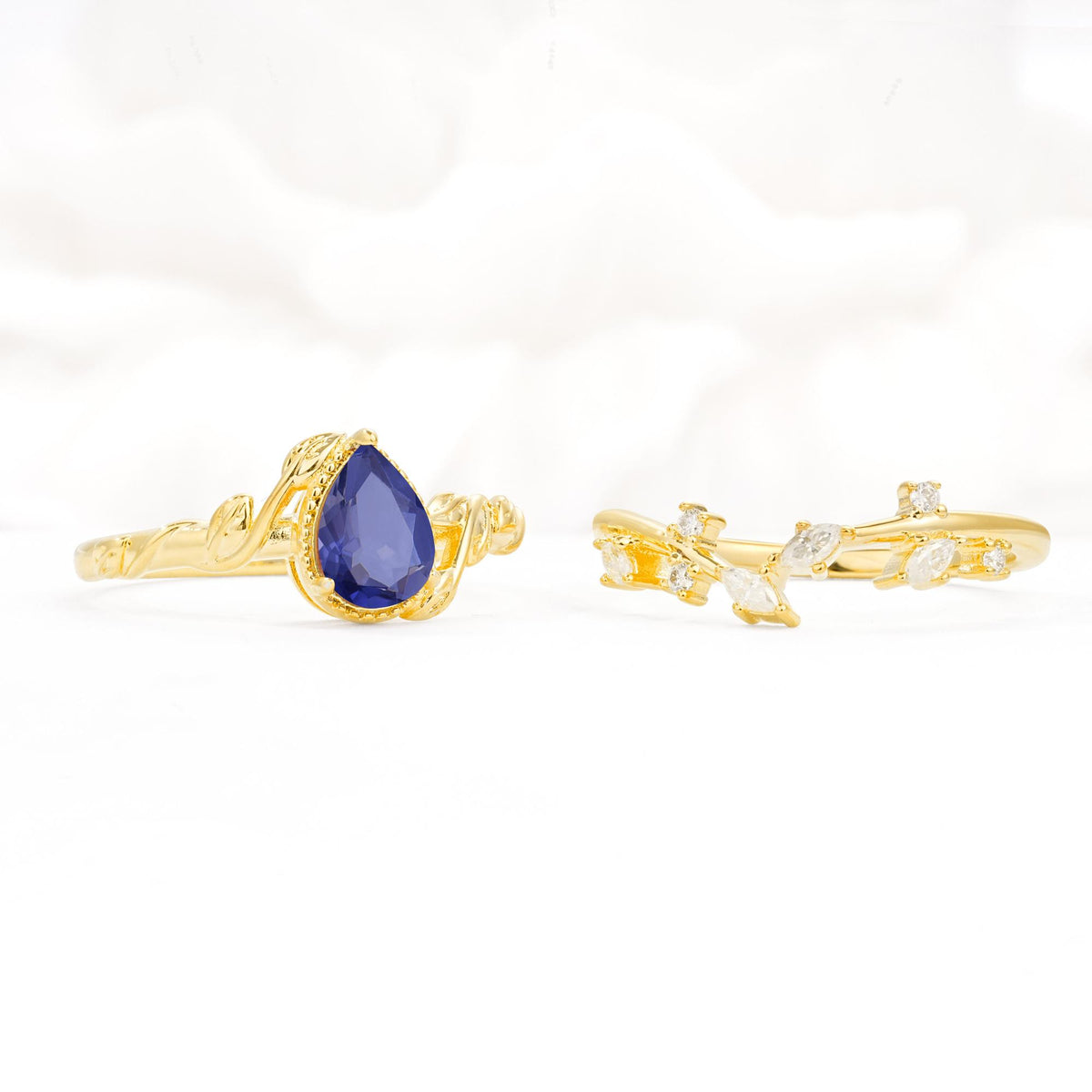 Nature-Inspired Bezel Pear Cut Tanzanite Engagement Ring Set - Additional view