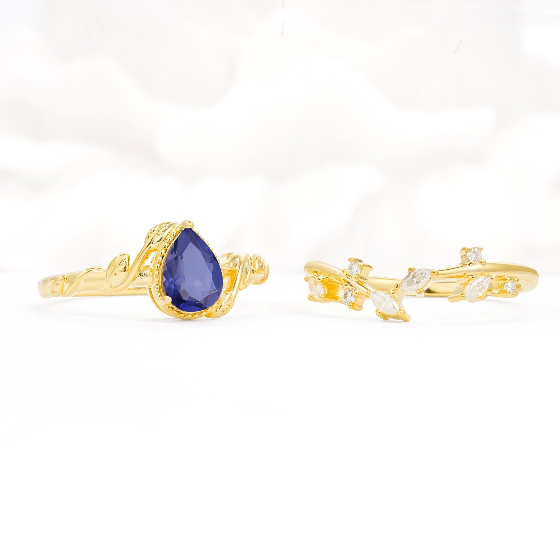 Nature-Inspired Bezel Pear Cut Tanzanite Engagement Ring Set - Additional view