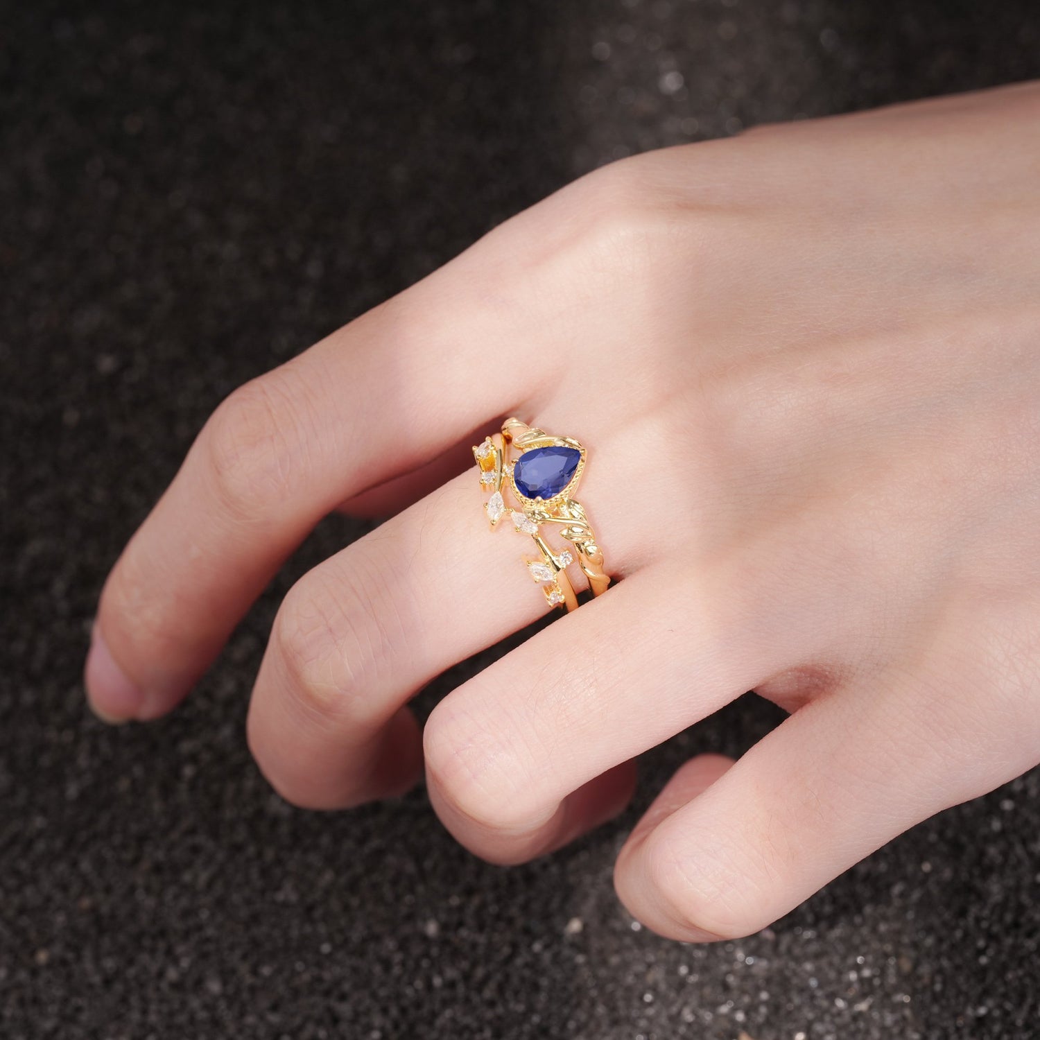 Nature-Inspired Bezel Pear Cut Tanzanite Engagement Ring Set