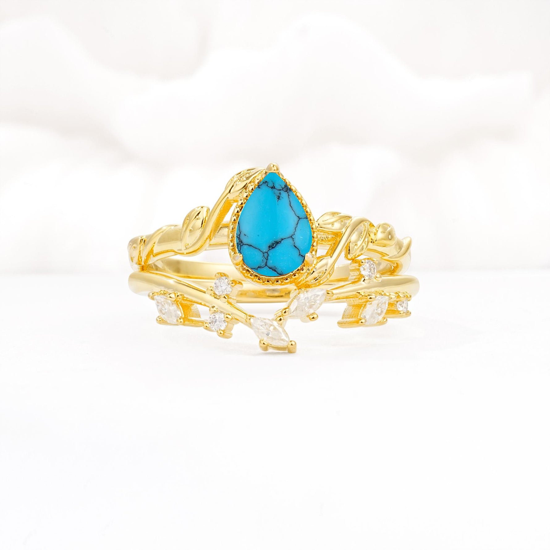 Nature-Inspired Bezel Pear Cut Turquoise Engagement Ring Set - Yellow-Gold
