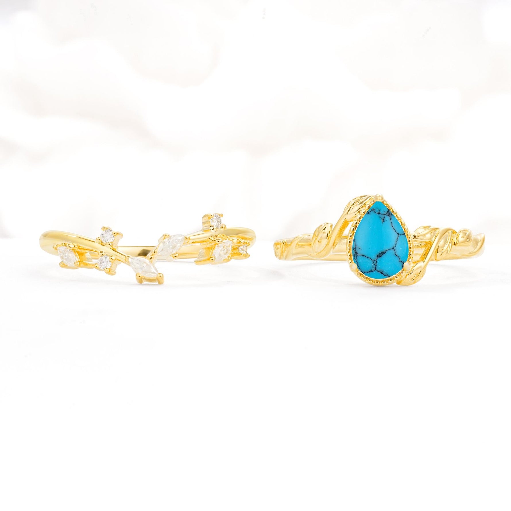 Nature-Inspired Bezel Pear Cut Turquoise Engagement Ring Set - White-Gold