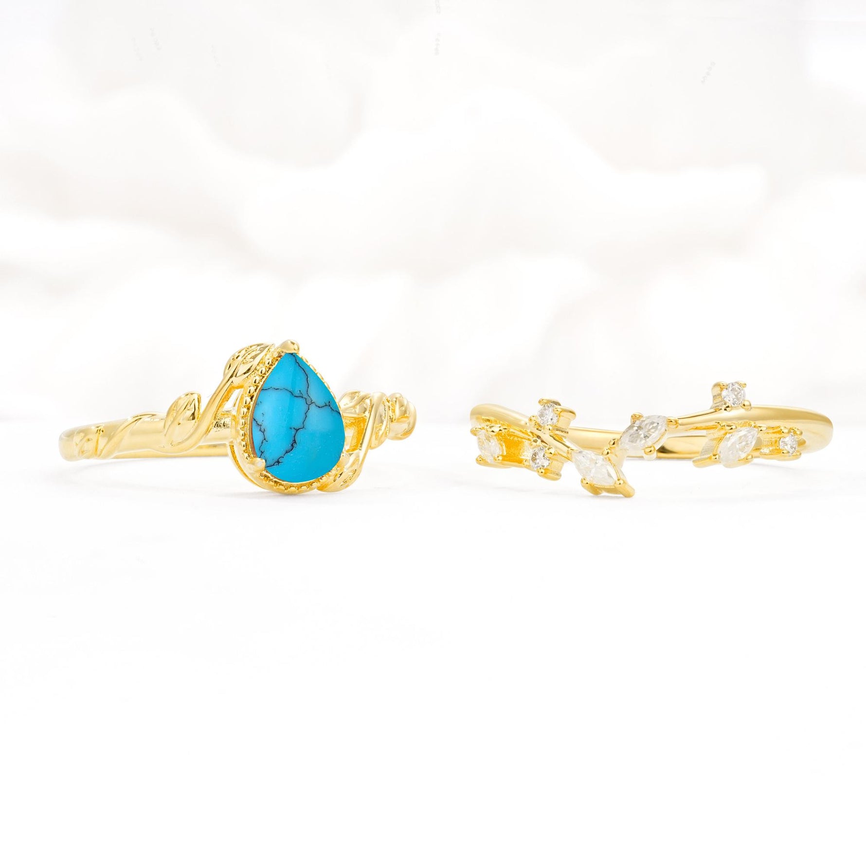 Nature-Inspired Bezel Pear Cut Turquoise Engagement Ring Set - Additional view