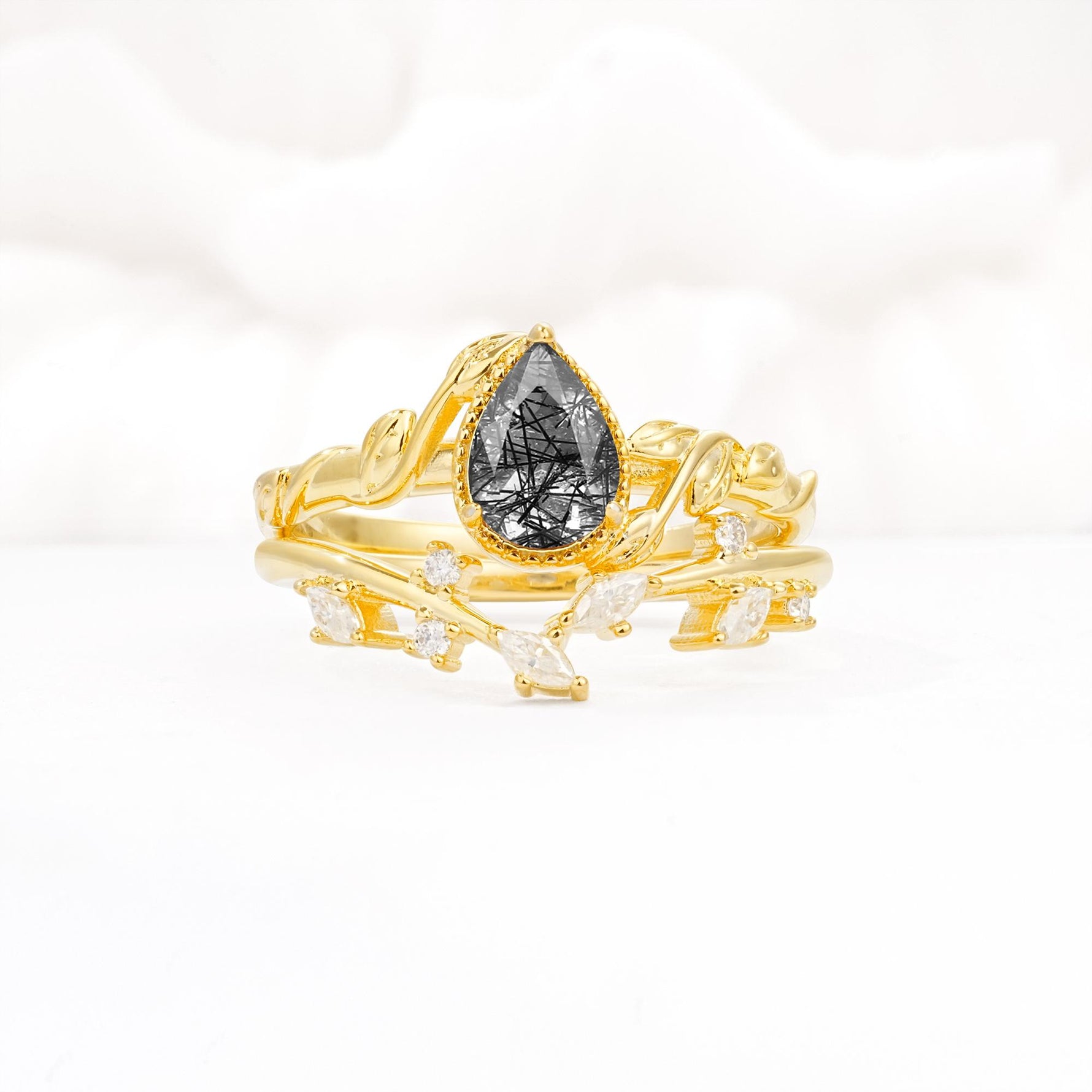 Nature-Inspired Bezel Pear Cut Black Rutilated Quartz Engagement Ring Set - Yellow-Gold