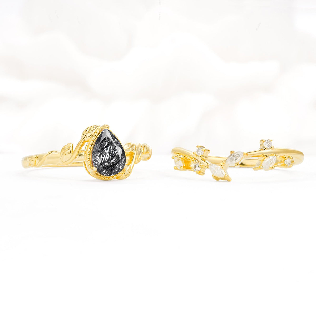 Nature-Inspired Bezel Pear Cut Black Rutilated Quartz Engagement Ring Set - Additional view