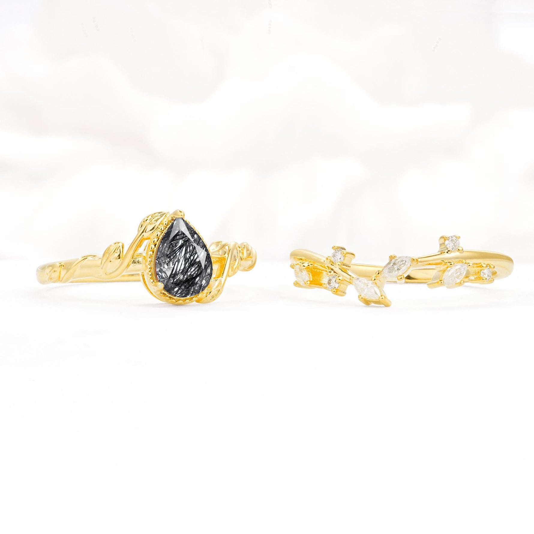 Nature-Inspired Bezel Pear Cut Black Rutilated Quartz Engagement Ring Set - Additional view
