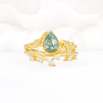 Nature-Inspired Bezel Pear Cut Moss Agate Engagement Ring Set - Yellow-Gold