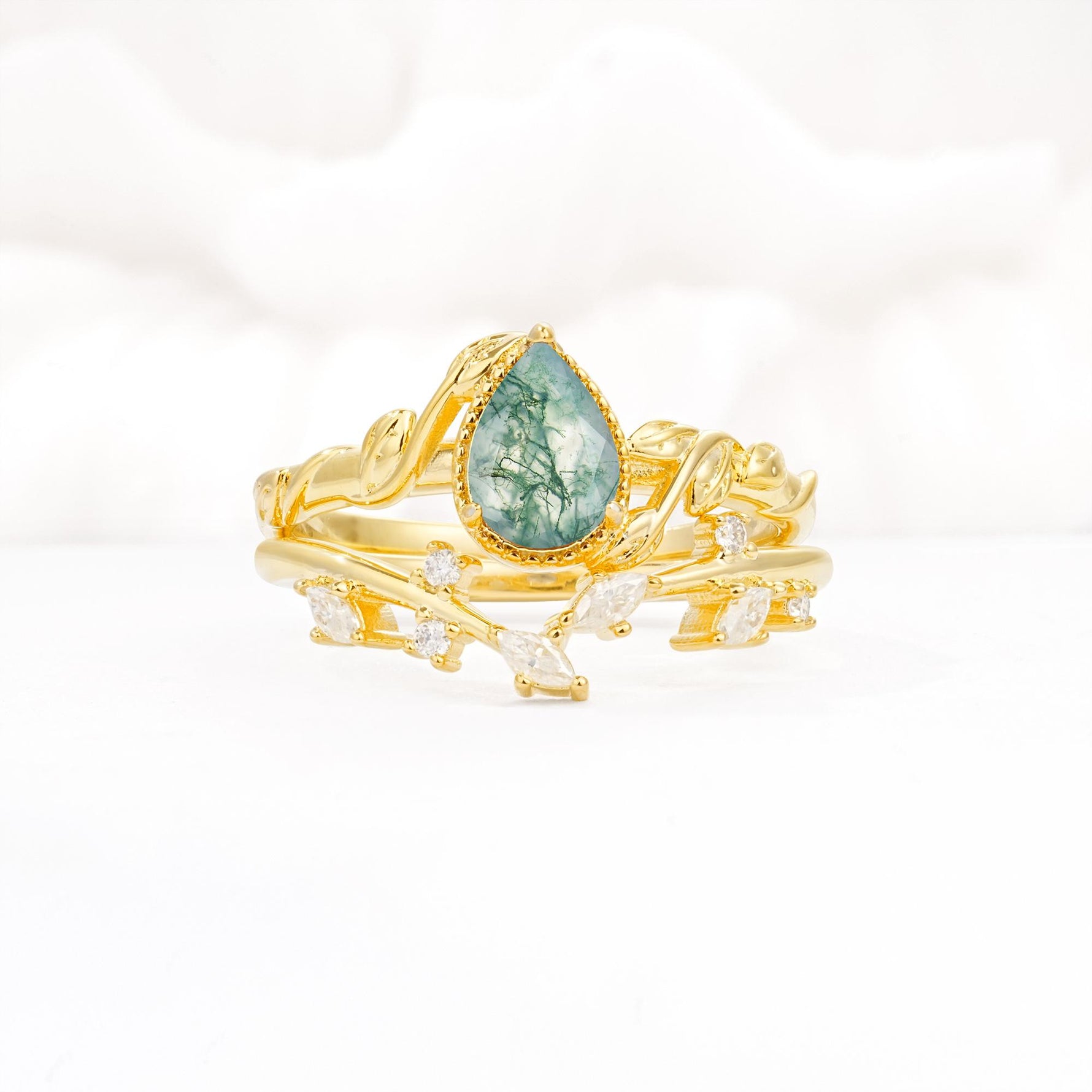 Nature-Inspired Bezel Pear Cut Moss Agate Engagement Ring Set - Yellow-Gold