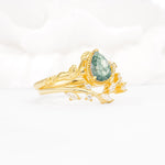 Nature-Inspired Bezel Pear Cut Moss Agate Engagement Ring Set - Rose-Gold