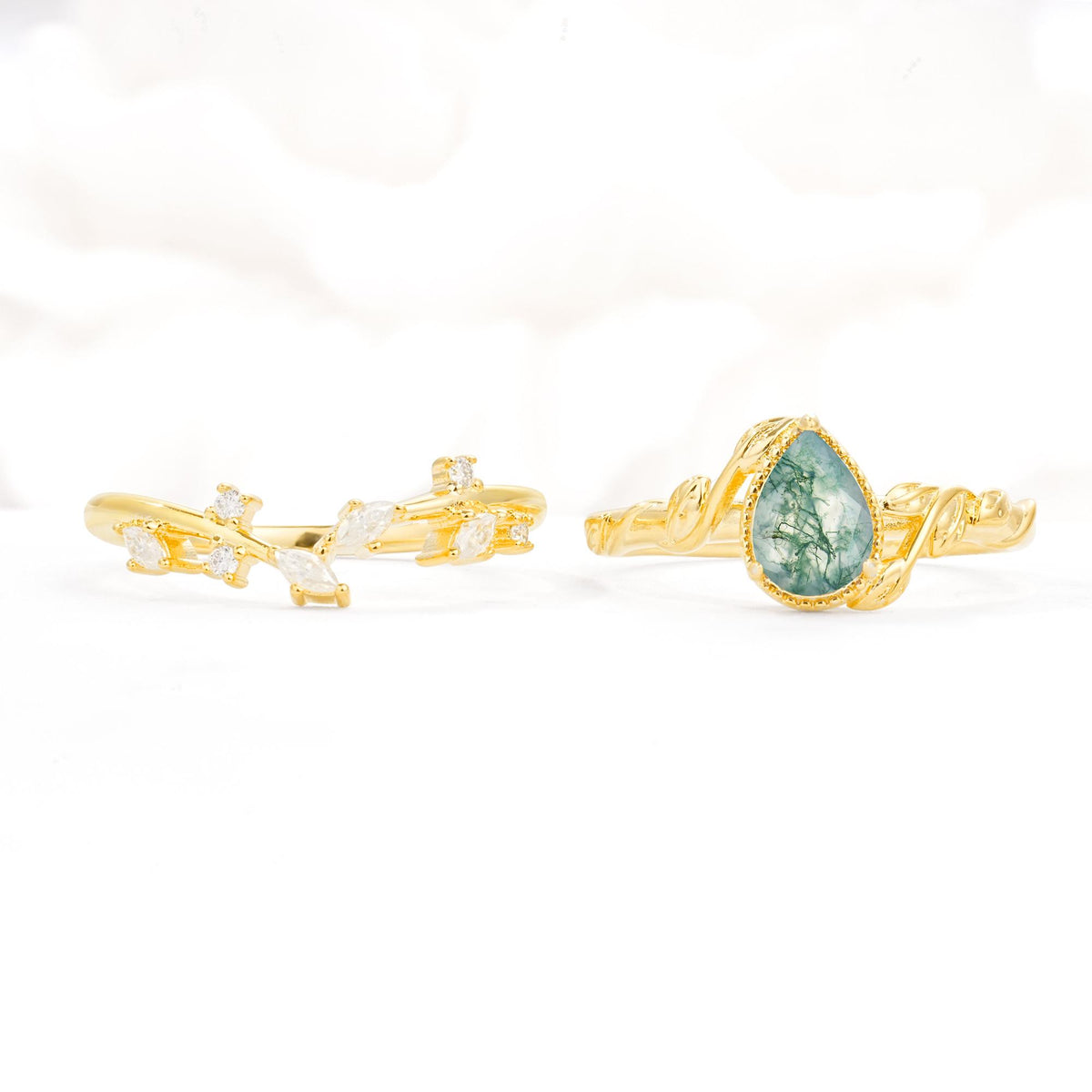 Nature-Inspired Bezel Pear Cut Moss Agate Engagement Ring Set - White-Gold
