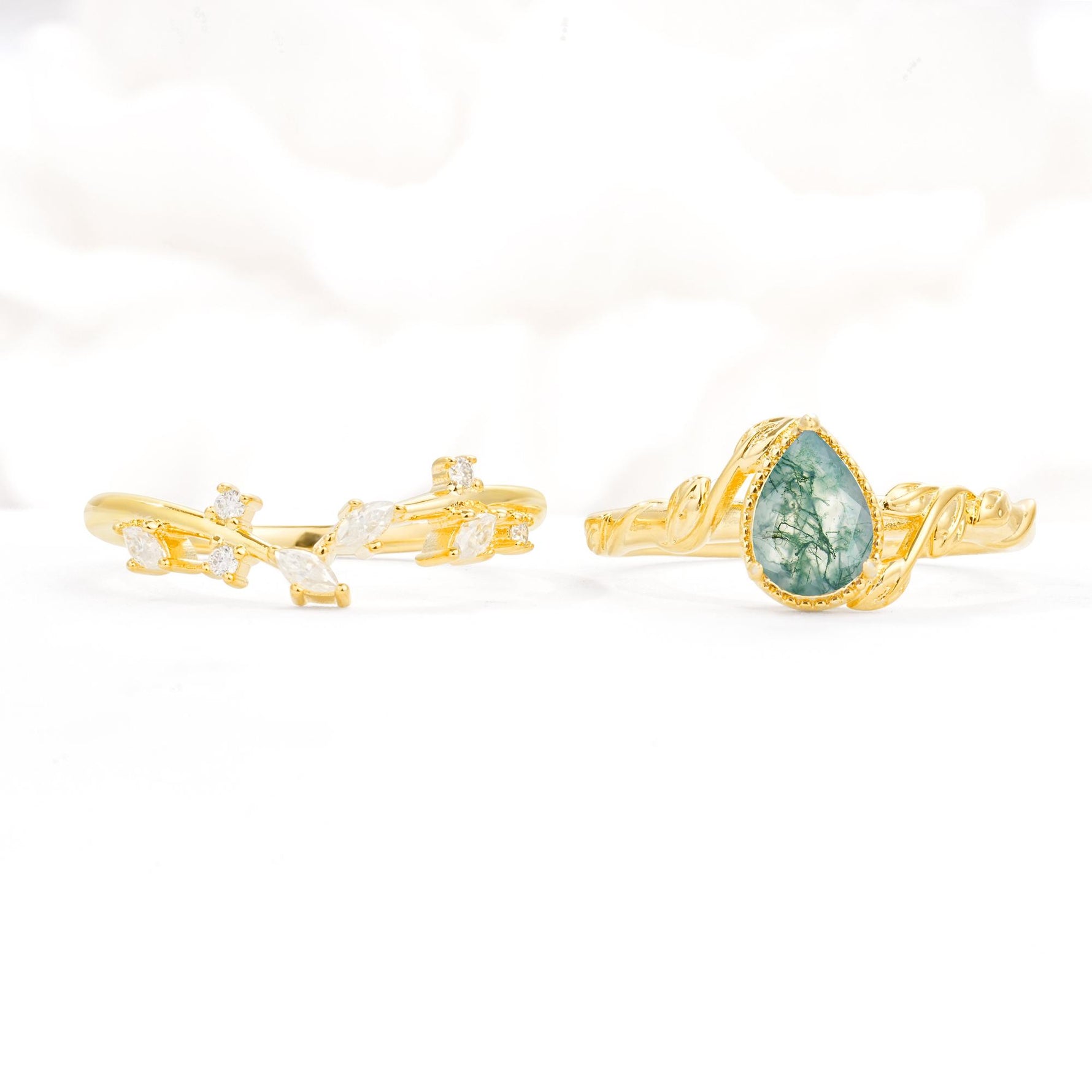 Nature-Inspired Bezel Pear Cut Moss Agate Engagement Ring Set - White-Gold