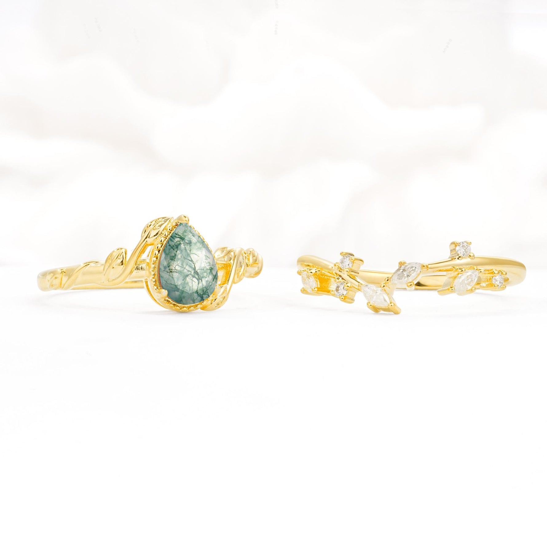 Nature-Inspired Bezel Pear Cut Moss Agate Engagement Ring Set - Additional view
