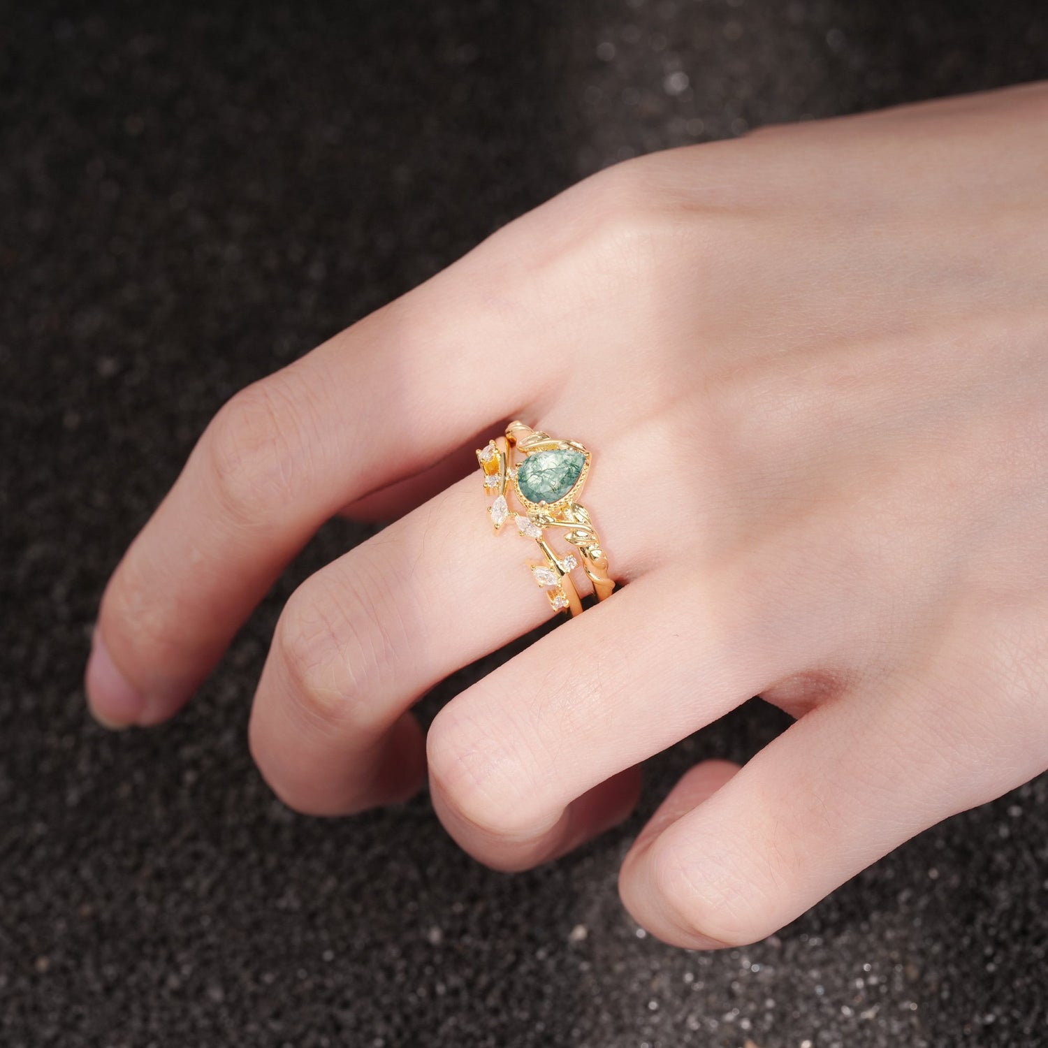 Nature-Inspired Bezel Pear Cut Moss Agate Engagement Ring Set