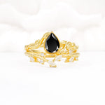 Nature-Inspired Bezel Pear Cut Black Onyx Engagement Ring Set - Yellow-Gold