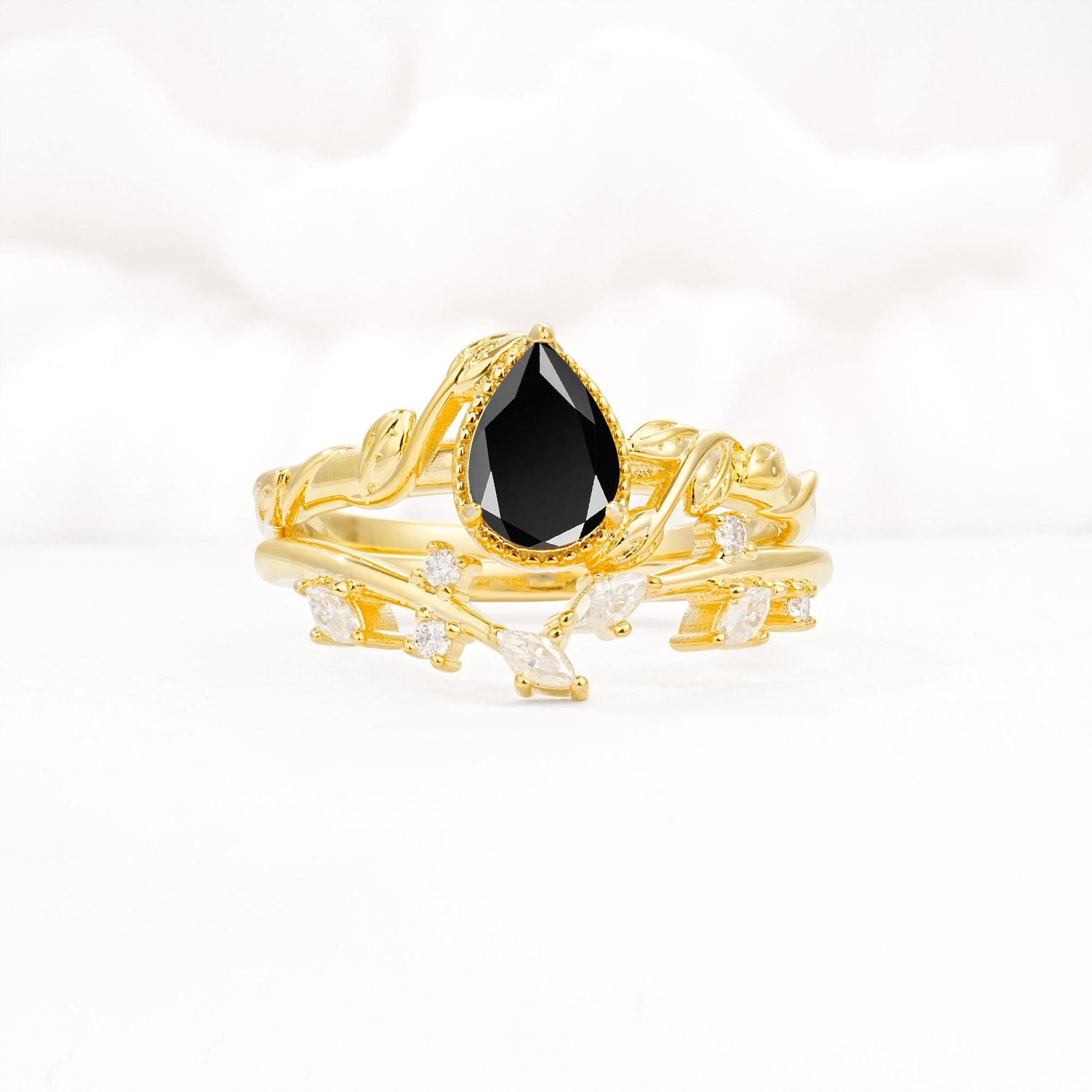 Nature-Inspired Bezel Pear Cut Black Onyx Engagement Ring Set - Yellow-Gold