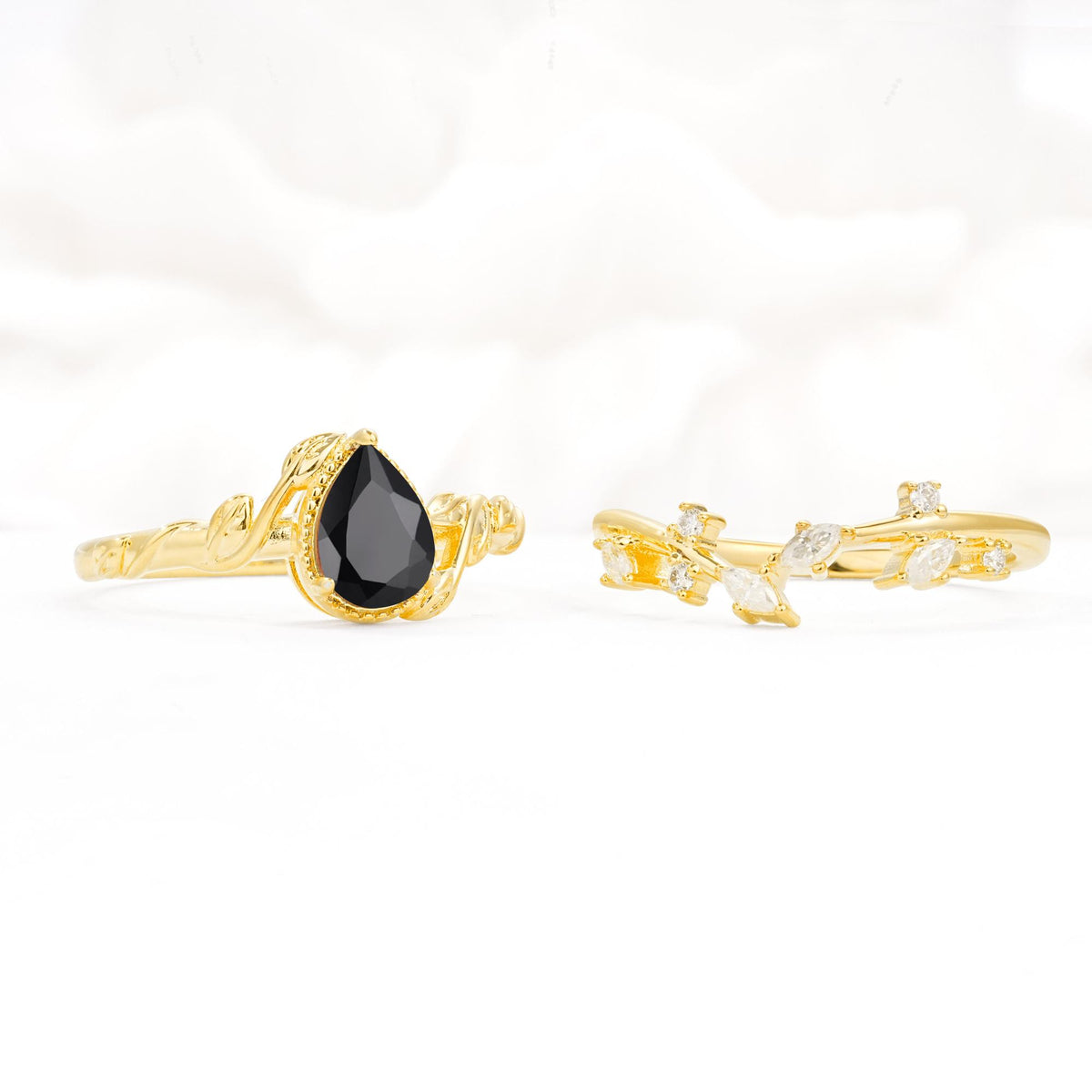 Nature-Inspired Bezel Pear Cut Black Onyx Engagement Ring Set - Additional view