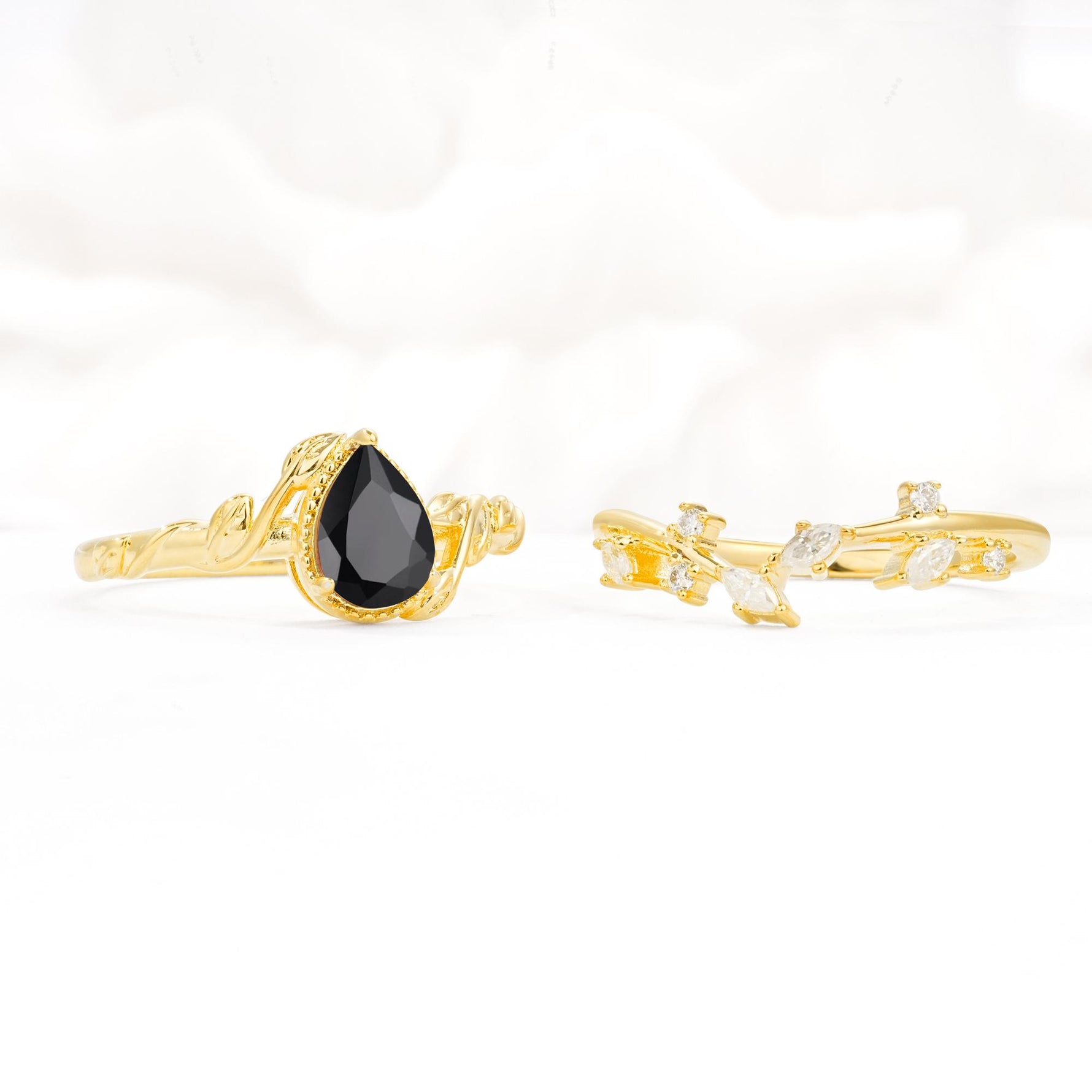 Nature-Inspired Bezel Pear Cut Black Onyx Engagement Ring Set - Additional view