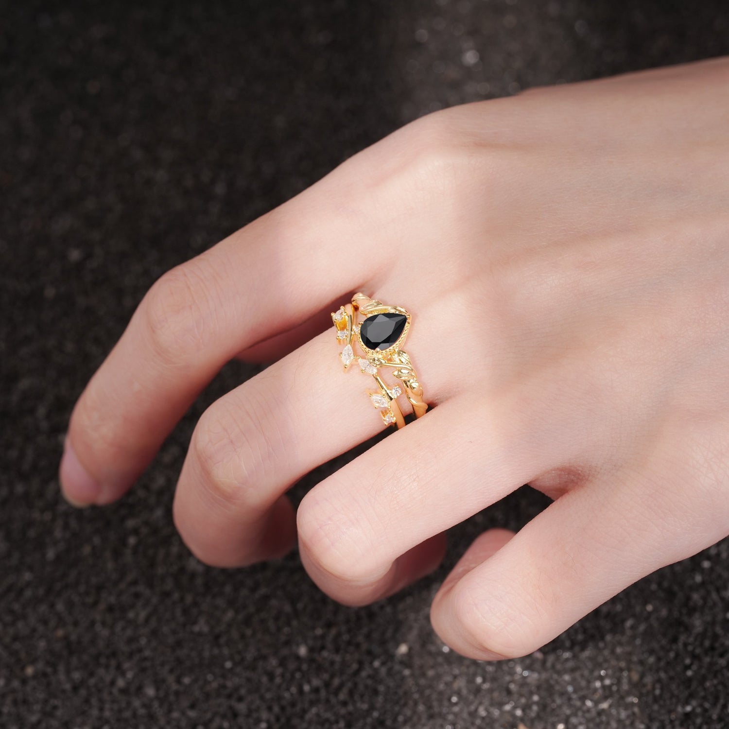 Nature-Inspired Bezel Pear Cut Black Onyx Engagement Ring Set
