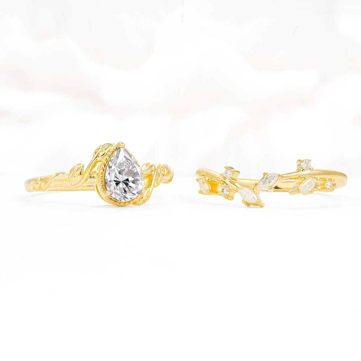 Nature-Inspired Bezel Pear Cut Lab Diamond Engagement Ring Set - Additional view
