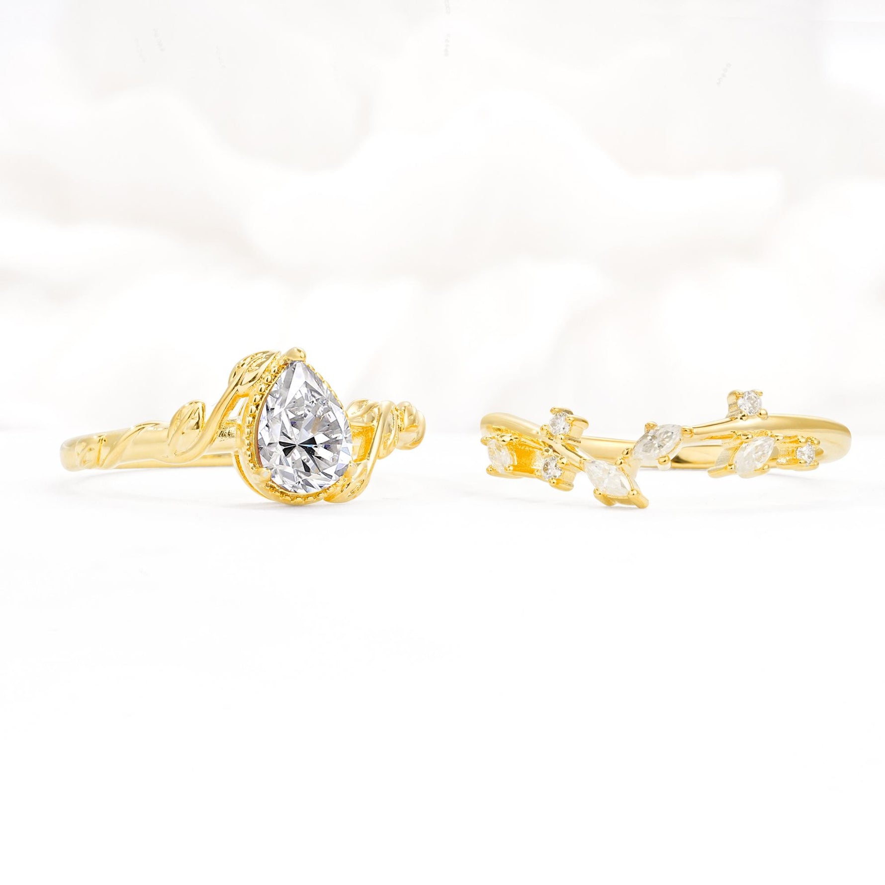 Nature-Inspired Bezel Pear Cut Lab Diamond Engagement Ring Set - Additional view
