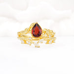 Nature-Inspired Bezel Pear Cut Garnet Engagement Ring Set - Yellow-Gold