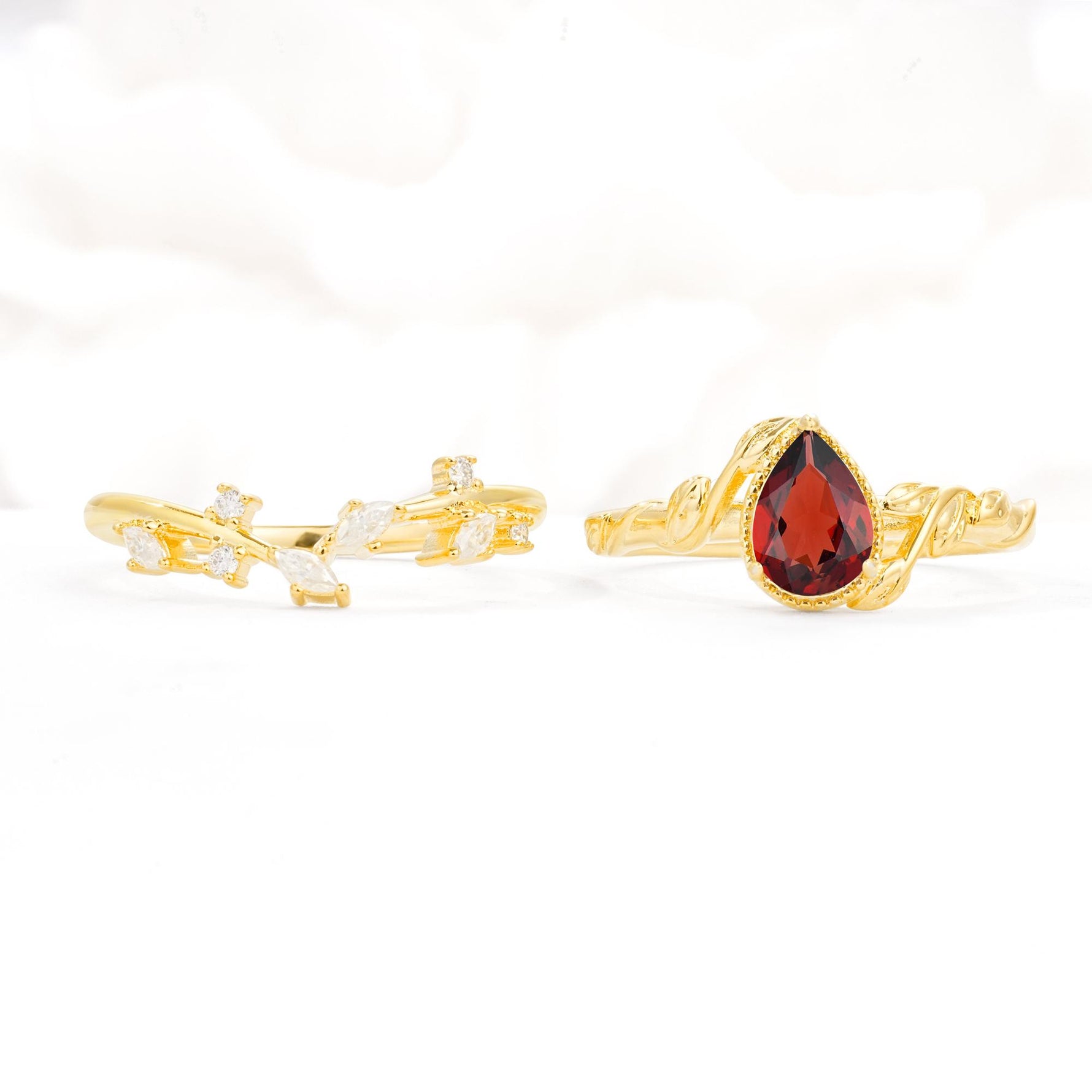 Nature-Inspired Bezel Pear Cut Garnet Engagement Ring Set - White-Gold