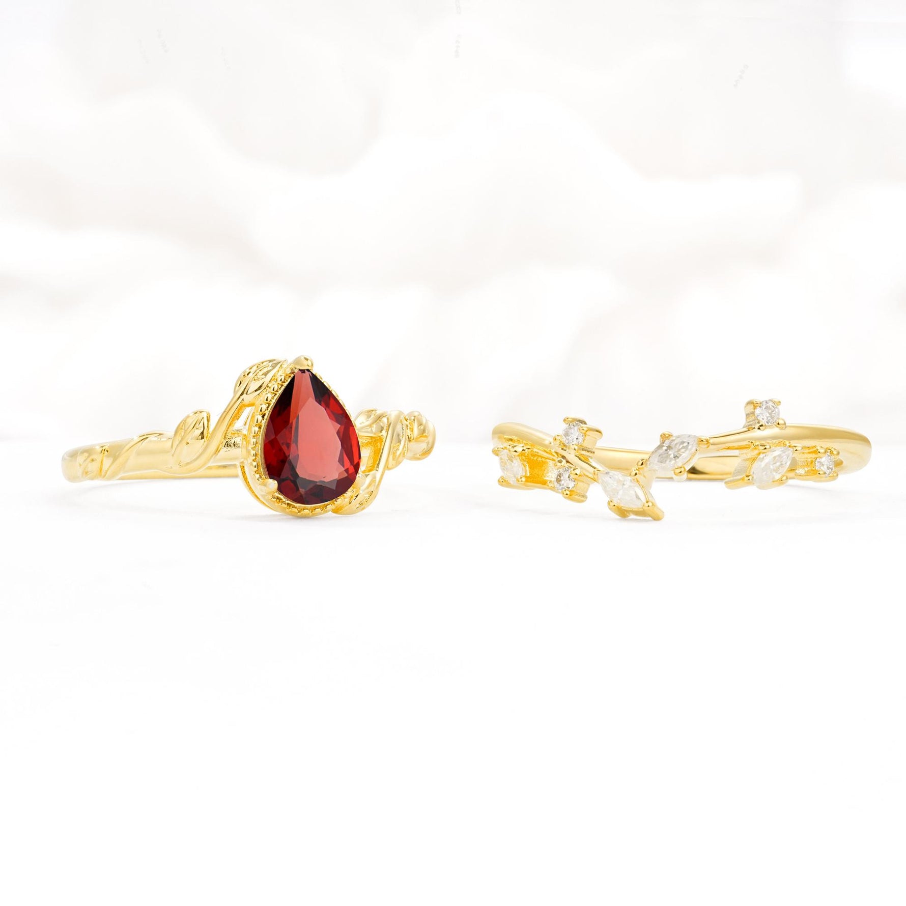 Nature-Inspired Bezel Pear Cut Garnet Engagement Ring Set - Additional view