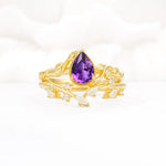 Nature-Inspired Bezel Pear Cut Amethyst Engagement Ring Set - Yellow-Gold
