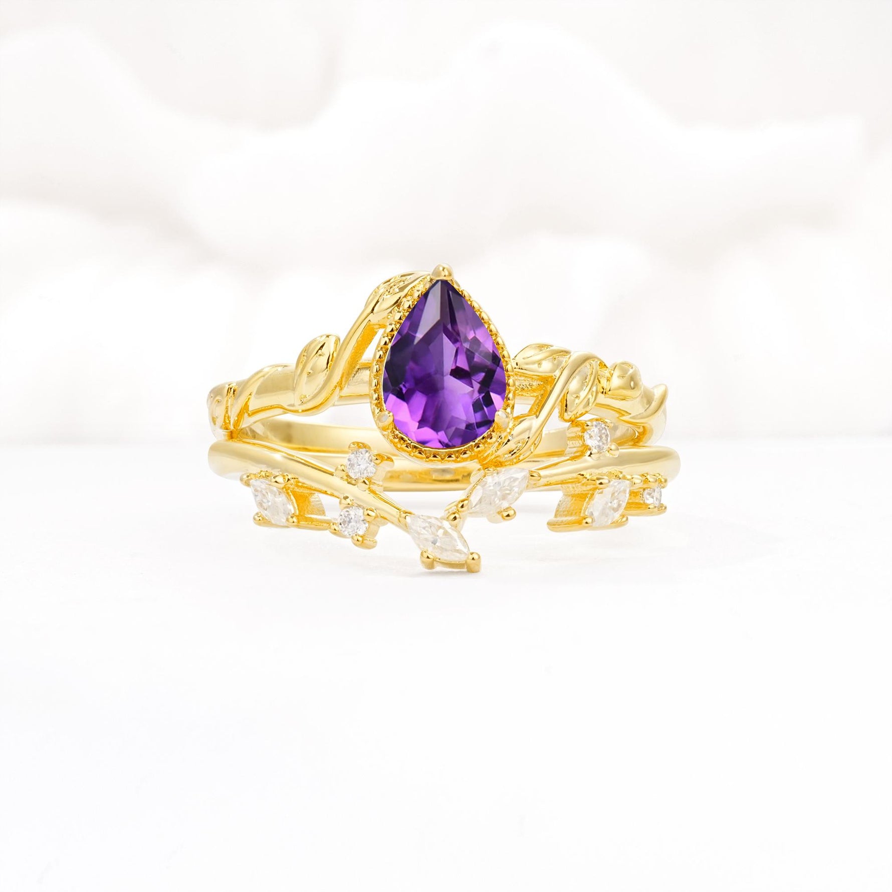 Nature-Inspired Bezel Pear Cut Amethyst Engagement Ring Set - Yellow-Gold