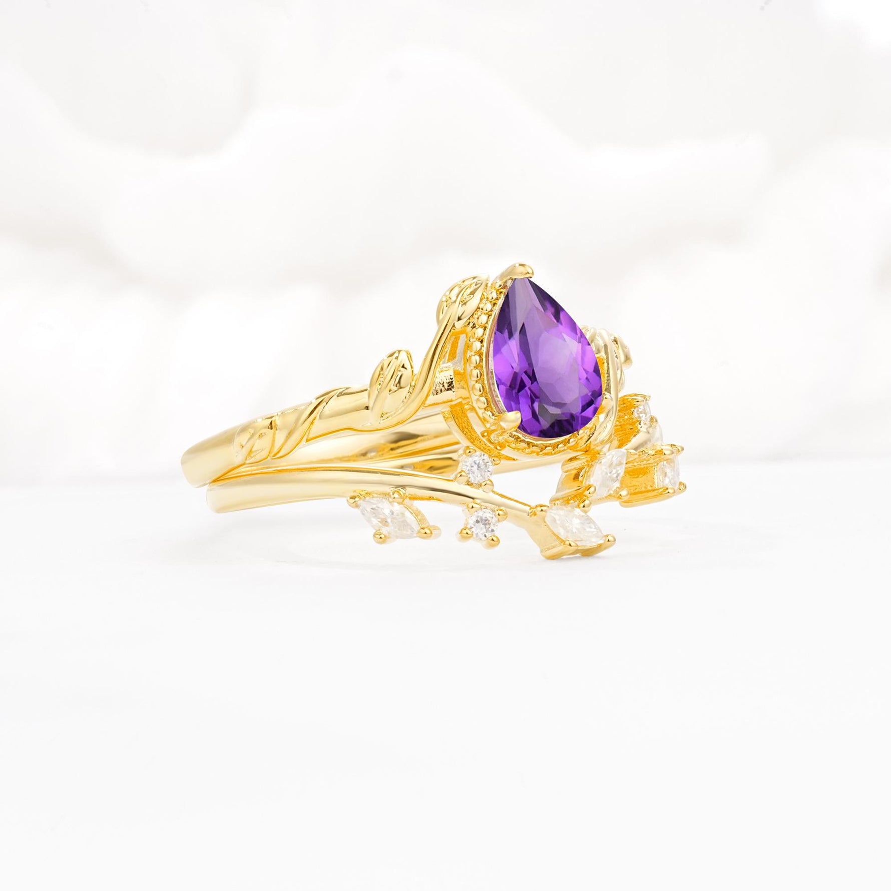 Nature-Inspired Bezel Pear Cut Amethyst Engagement Ring Set - Rose-Gold